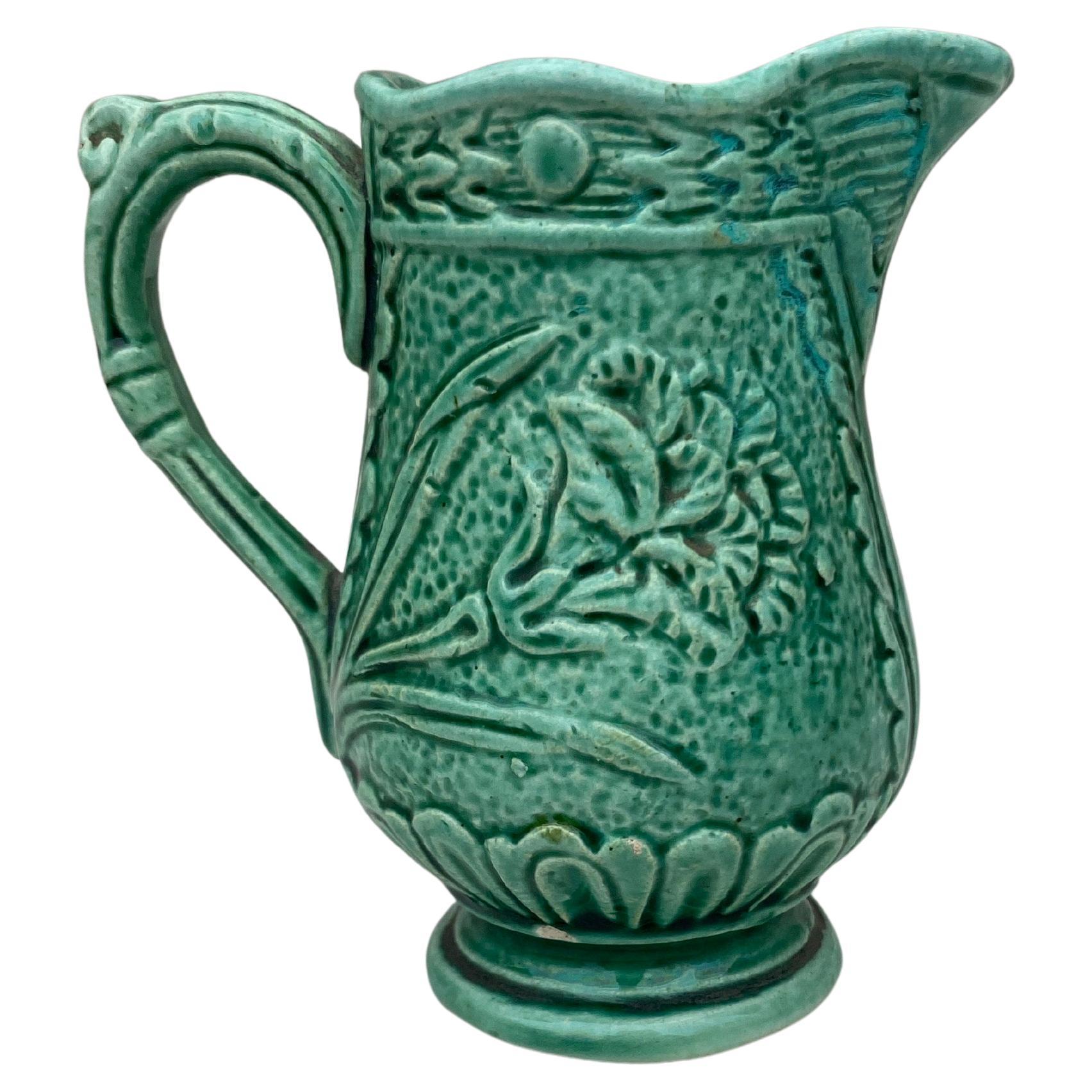 Small French Green Majolica Pitcher Creamer circa 1900 For Sale