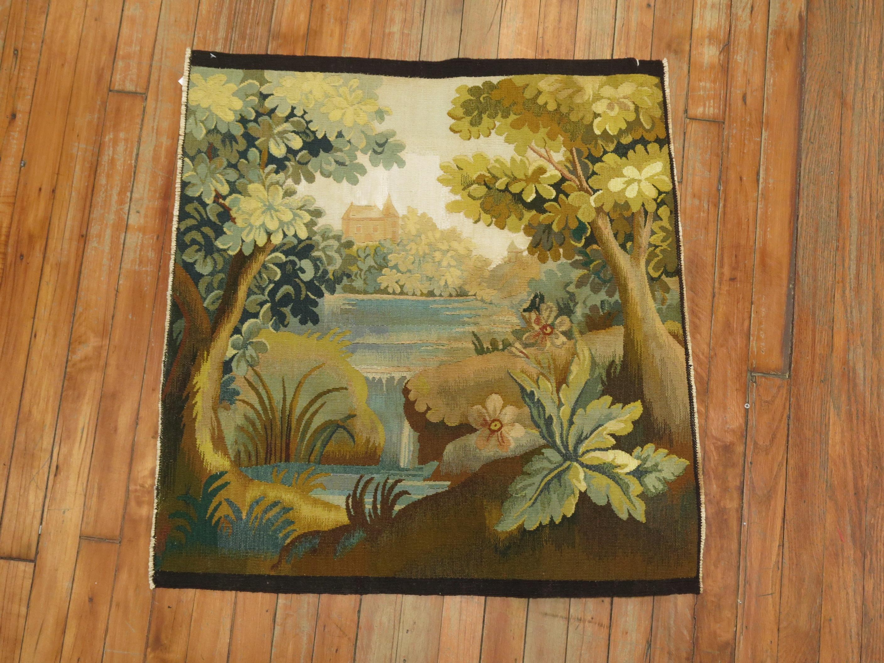 Hand-Woven Small French Green Tapestry Wall Hanging