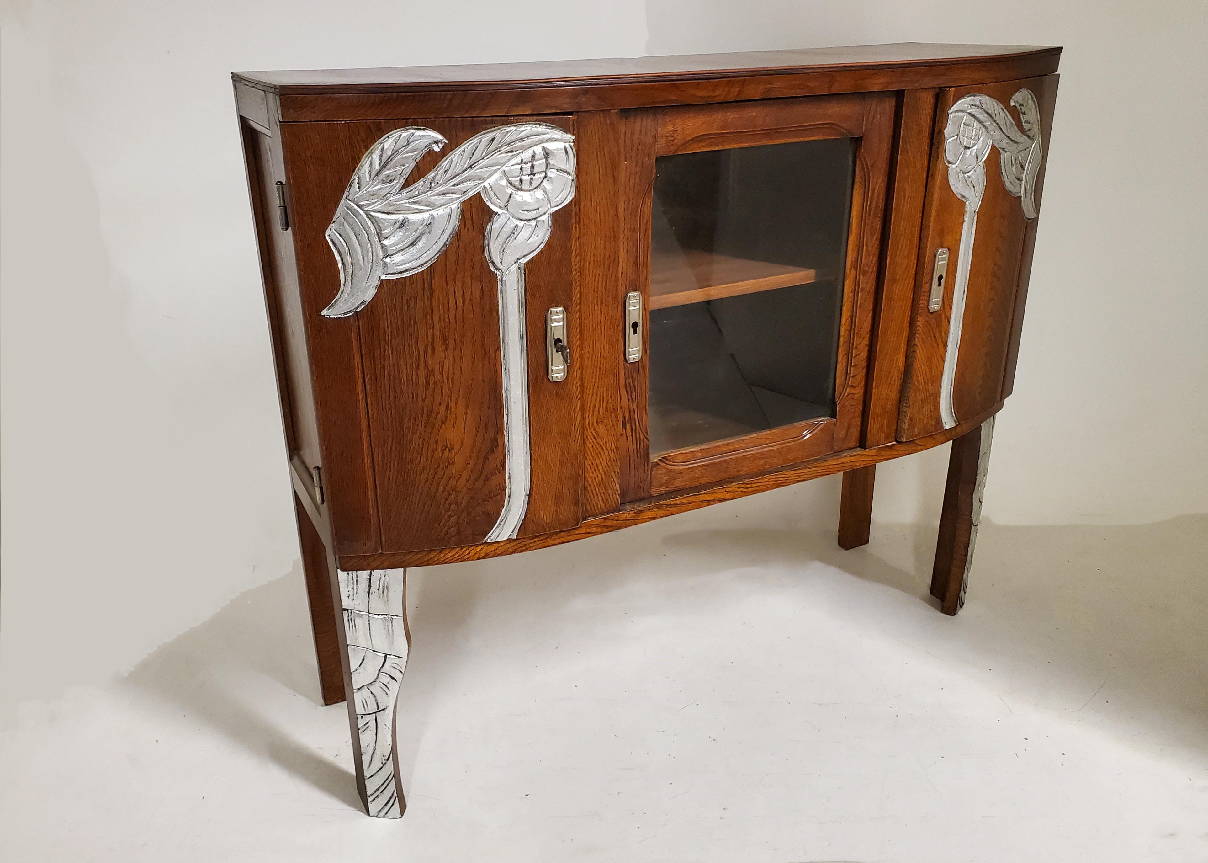 Art Deco Small French Hand Carved Oak & Metal Leaf Cabinet /Vitrine / Bar/ Bookcase