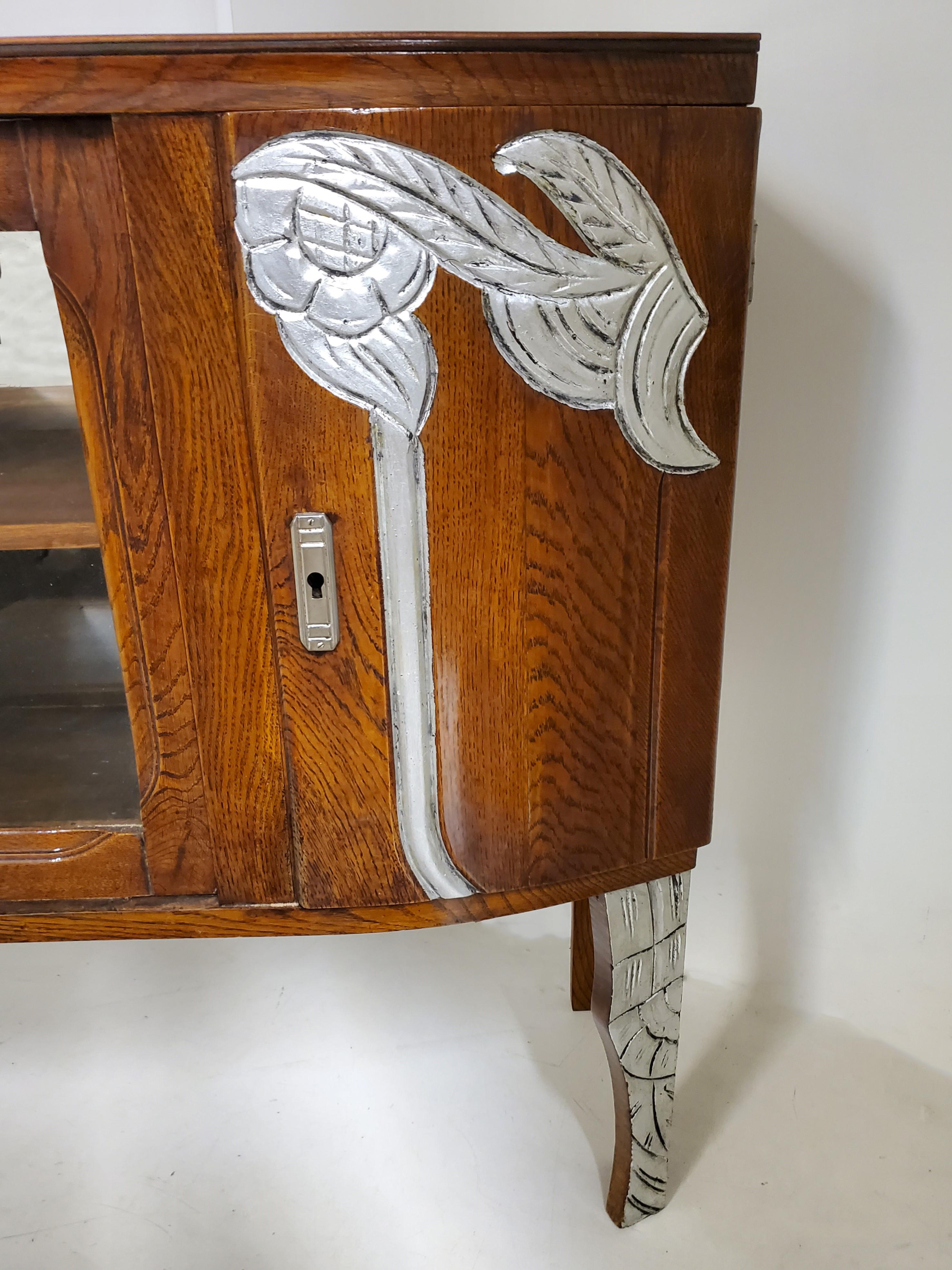 Small French Hand Carved Oak & Metal Leaf Cabinet /Vitrine / Bar/ Bookcase 2