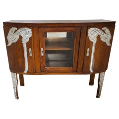 Small French Hand Carved Oak & Metal Leaf Cabinet /Vitrine / Bar/ Bookcase