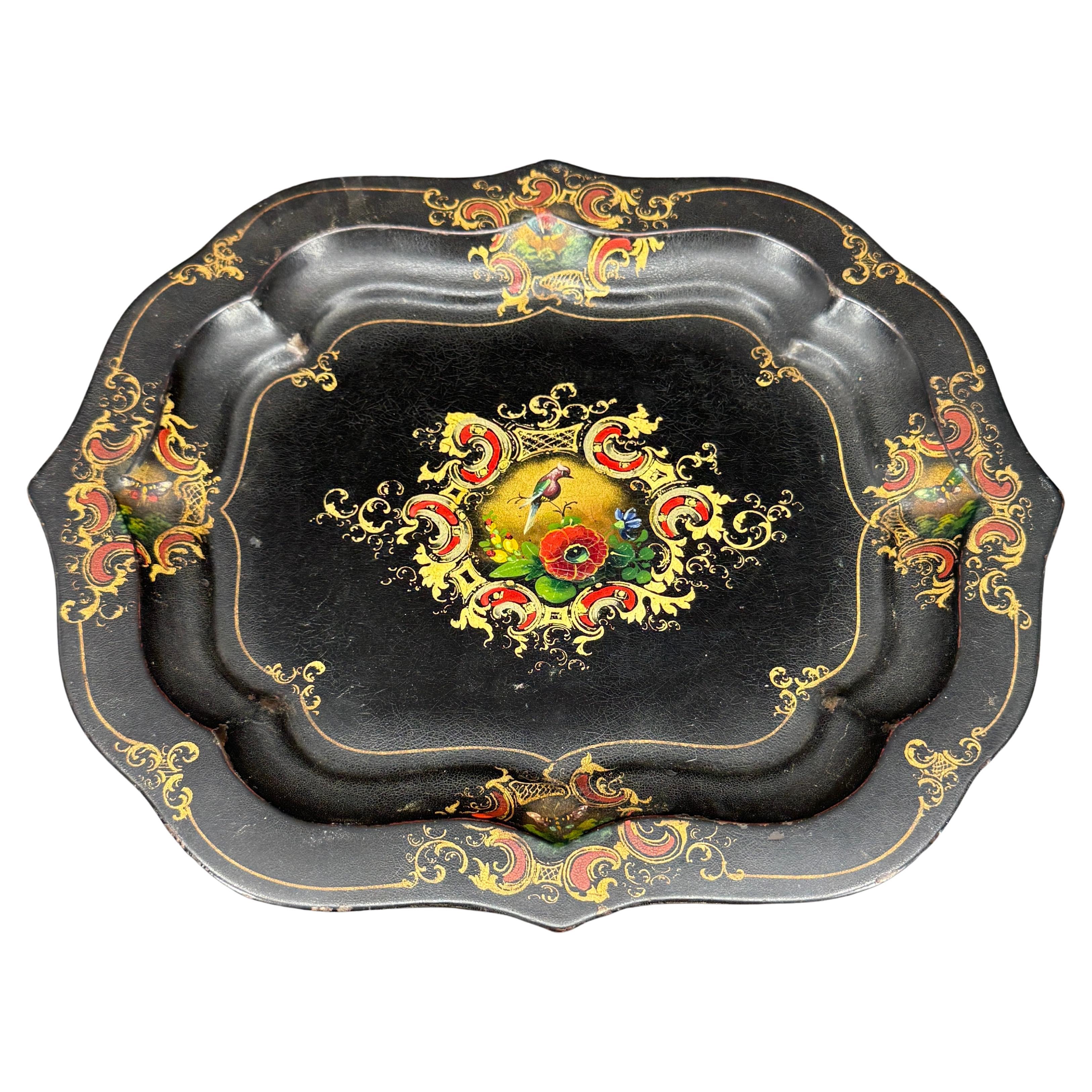 Small French Hand Painted Toleware Metal Tray With Bird