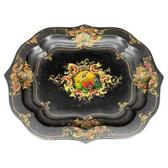 Small French Hand Painted Toleware Metal Tray With Bird