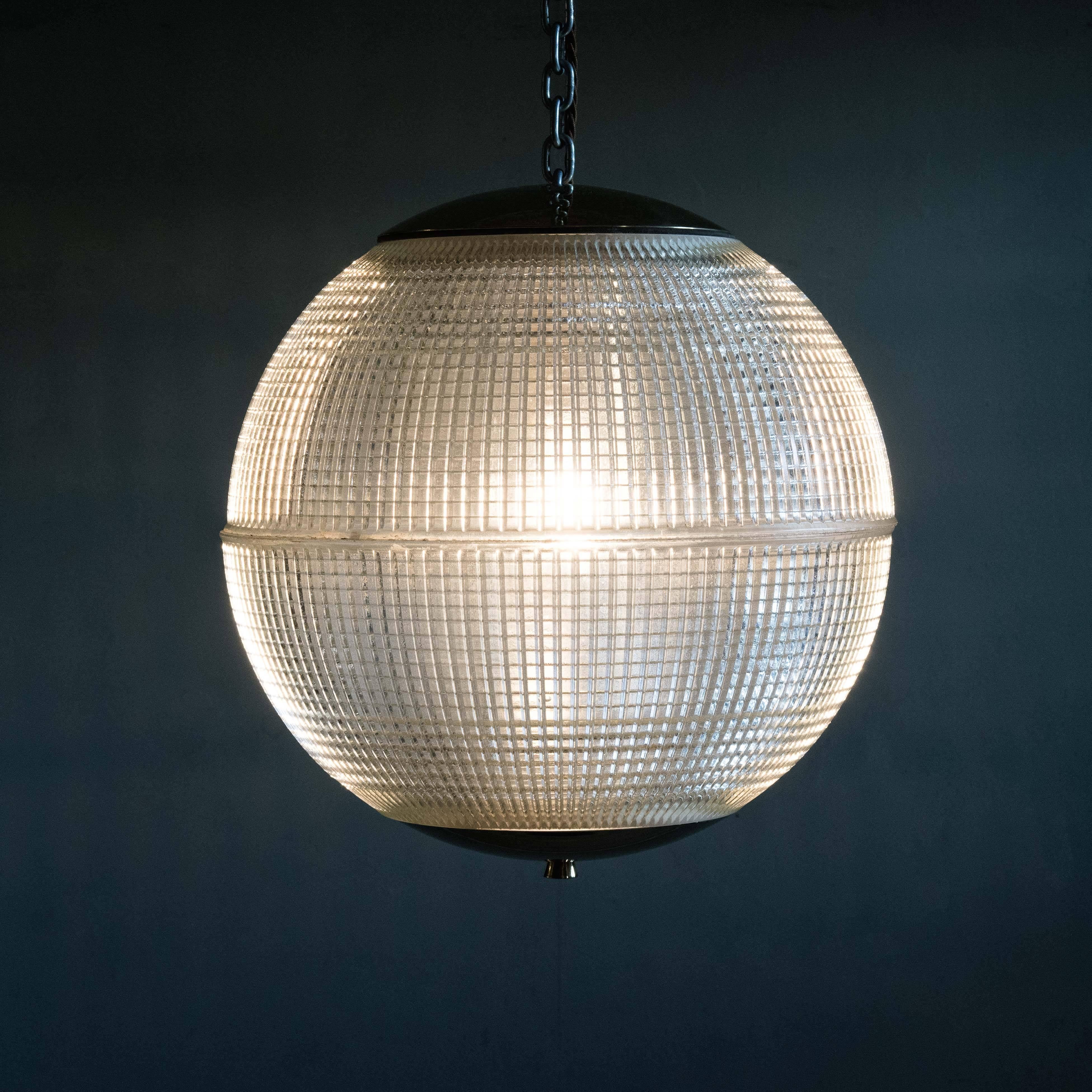 Glass Small French Holophane Globe Pendant Light with Brass Caps