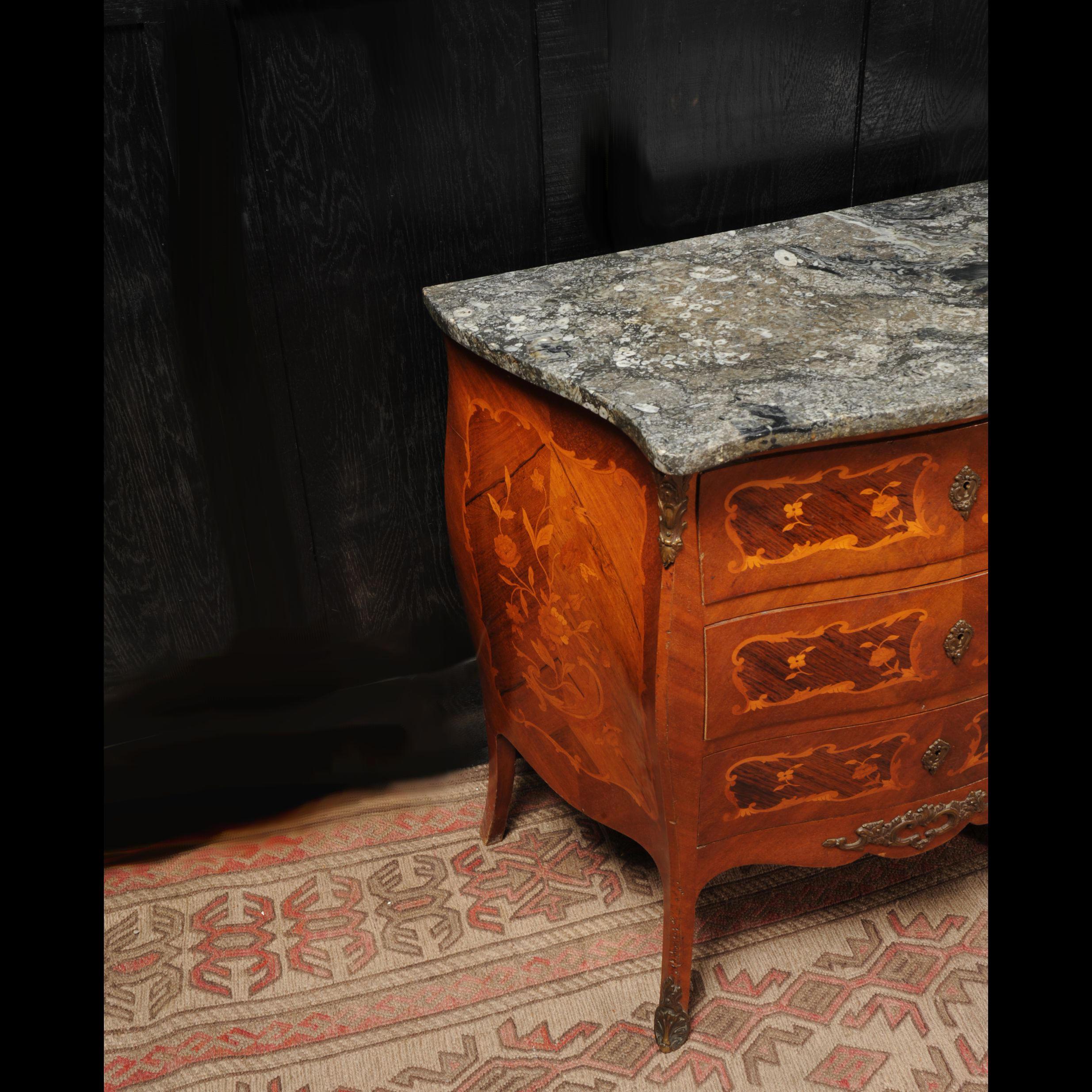 Small French Inlaid Marquetry Bombe Chest with Fossil Limestone Top In Good Condition For Sale In Belper, Derbyshire