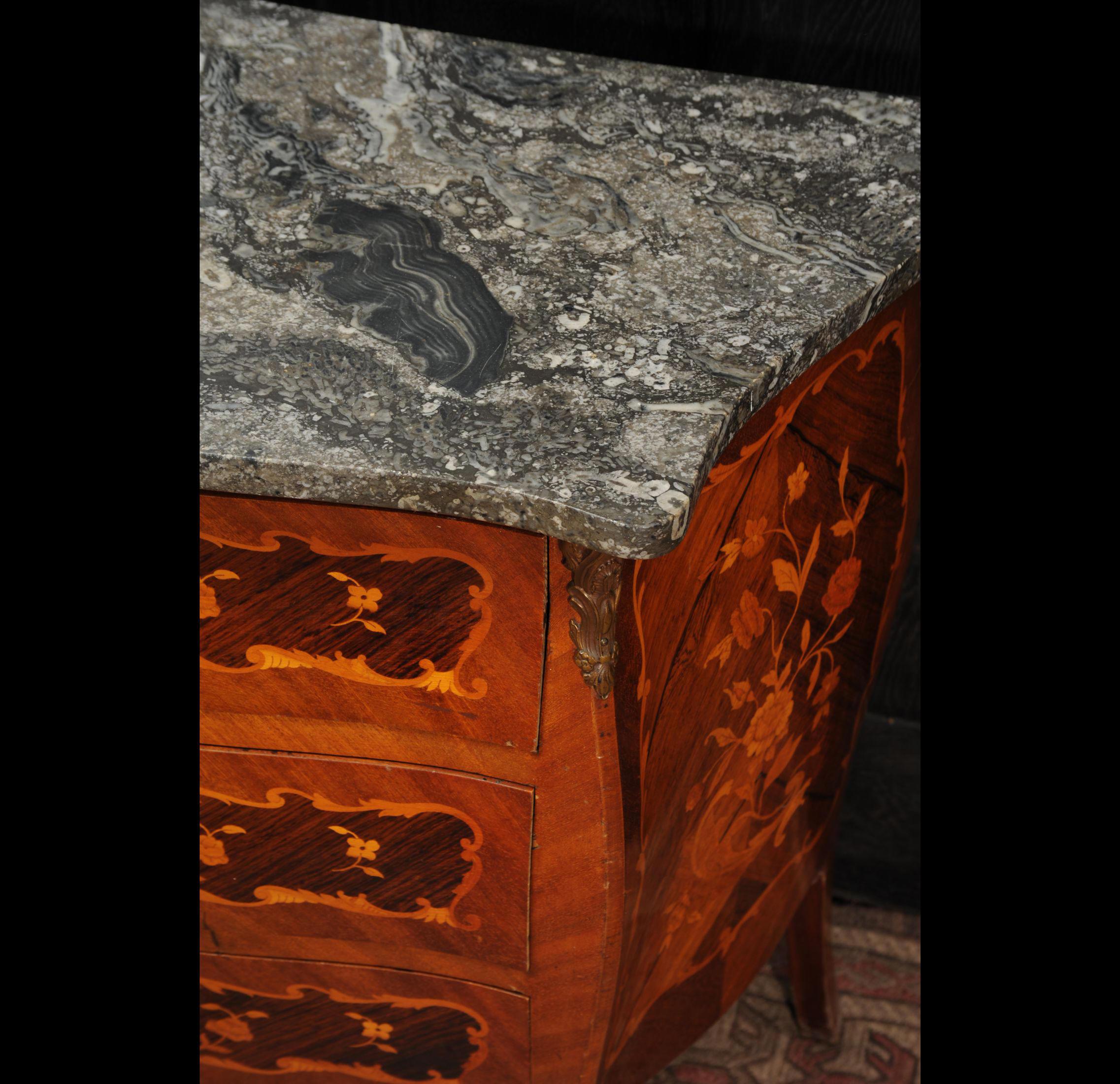 20th Century Small French Inlaid Marquetry Bombe Chest with Fossil Limestone Top For Sale