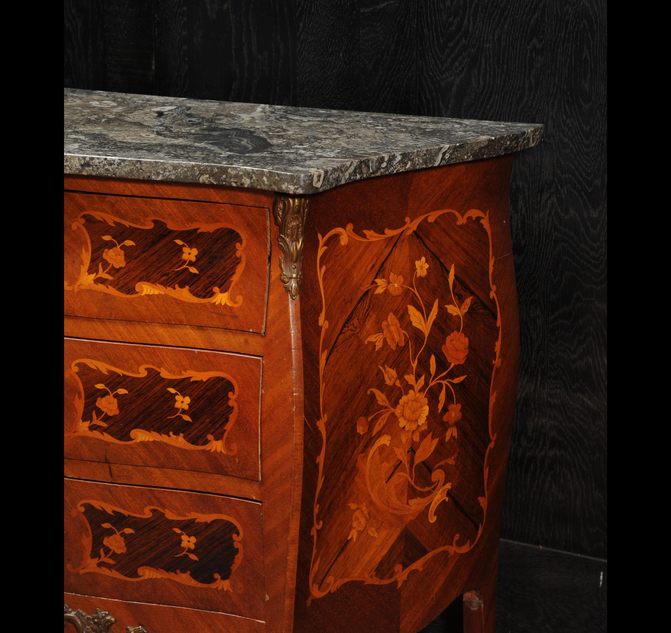 Small French Inlaid Marquetry Bombe Chest with Fossil Limestone Top For Sale 2