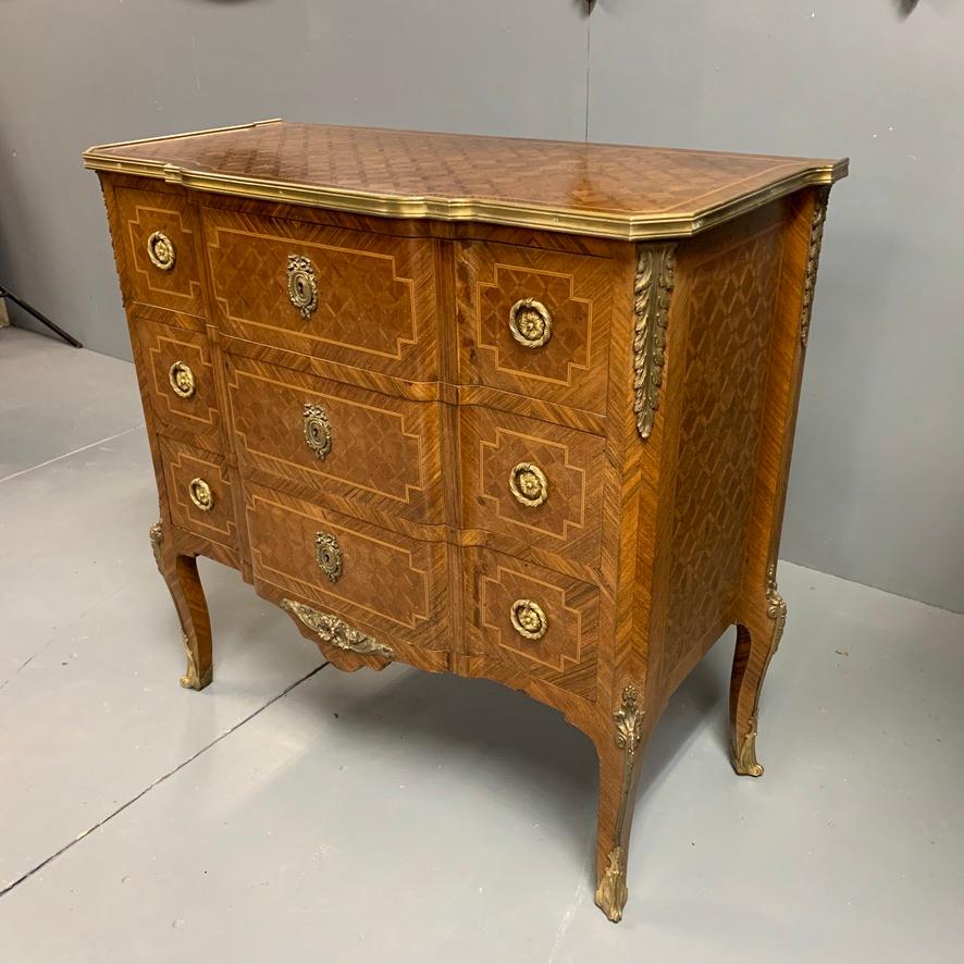 Louis XV Small French Kingwood and Geometric Parquetry Commode with Brass Mounts