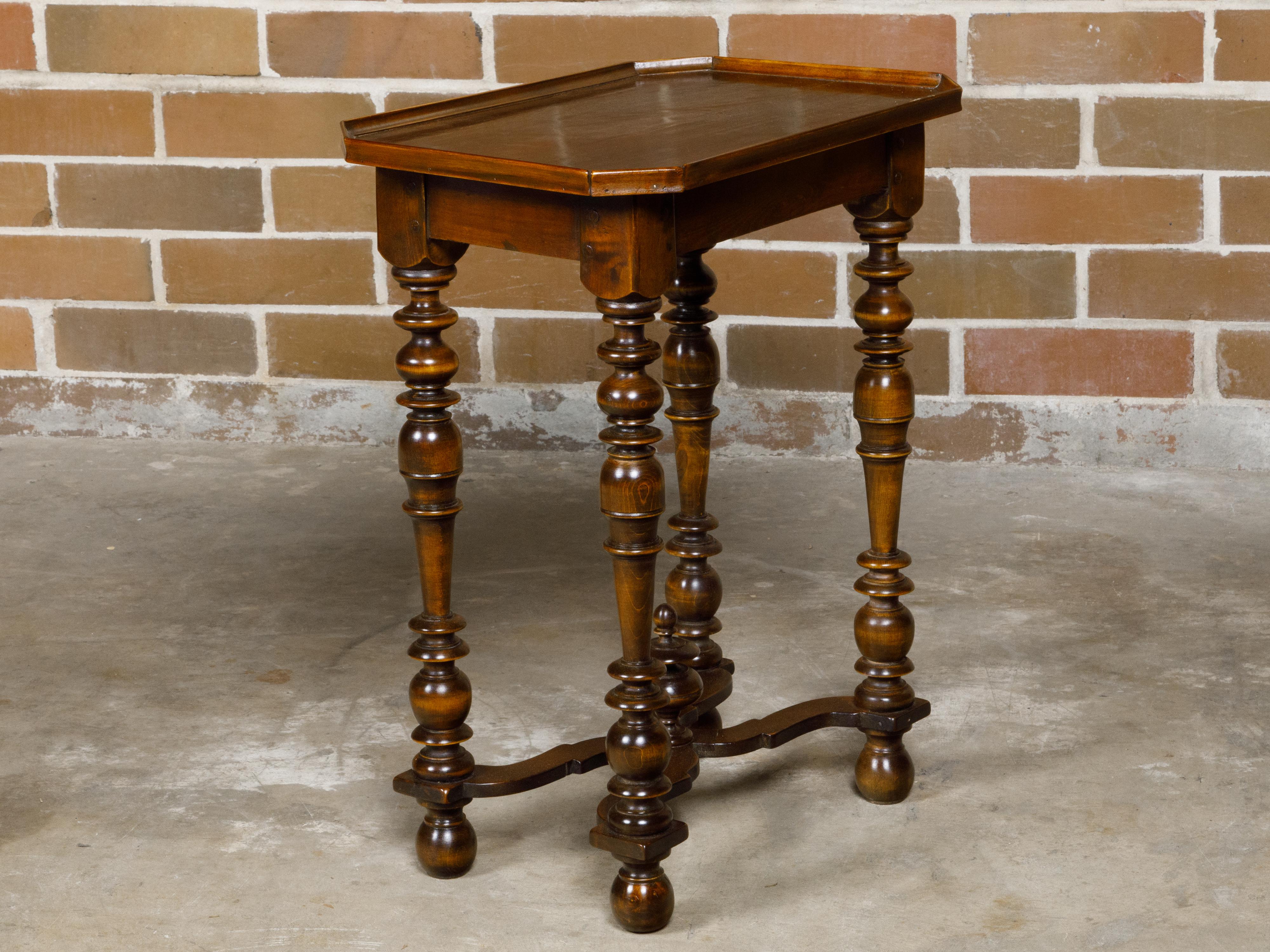 Small French Louis XIII Style Walnut Tray Top Spool Table with Cross Stretcher For Sale 7