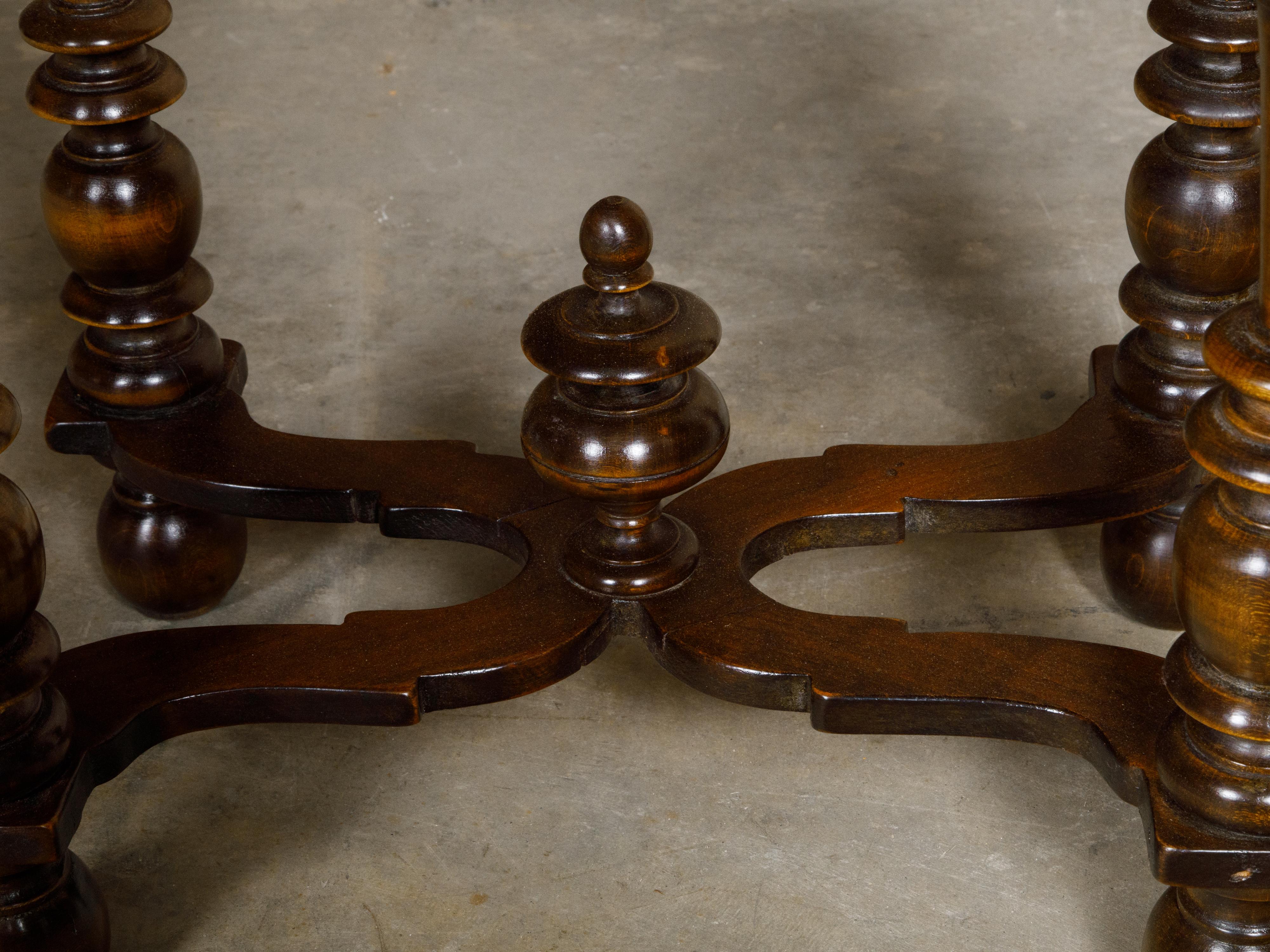 Small French Louis XIII Style Walnut Tray Top Spool Table with Cross Stretcher For Sale 1