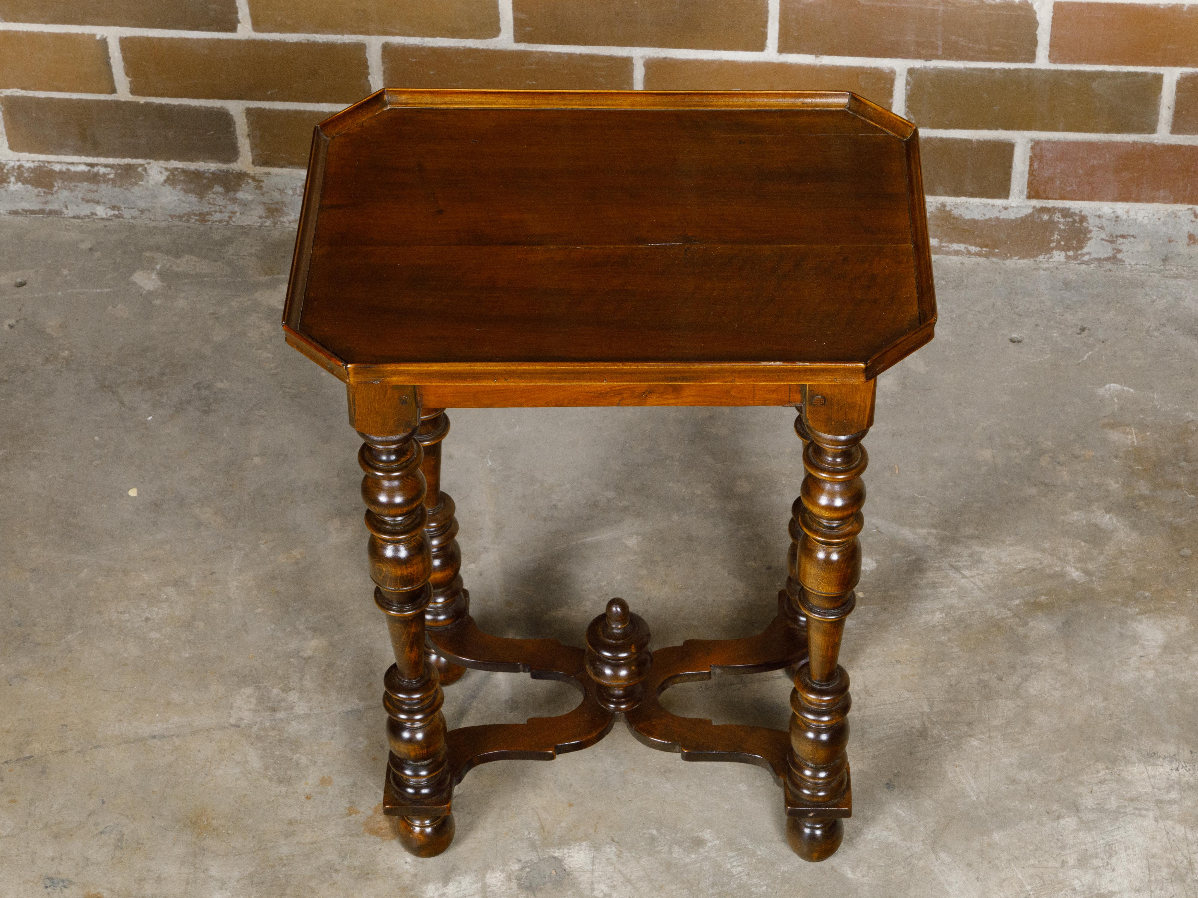 Small French Louis XIII Style Walnut Tray Top Spool Table with Cross Stretcher For Sale 2