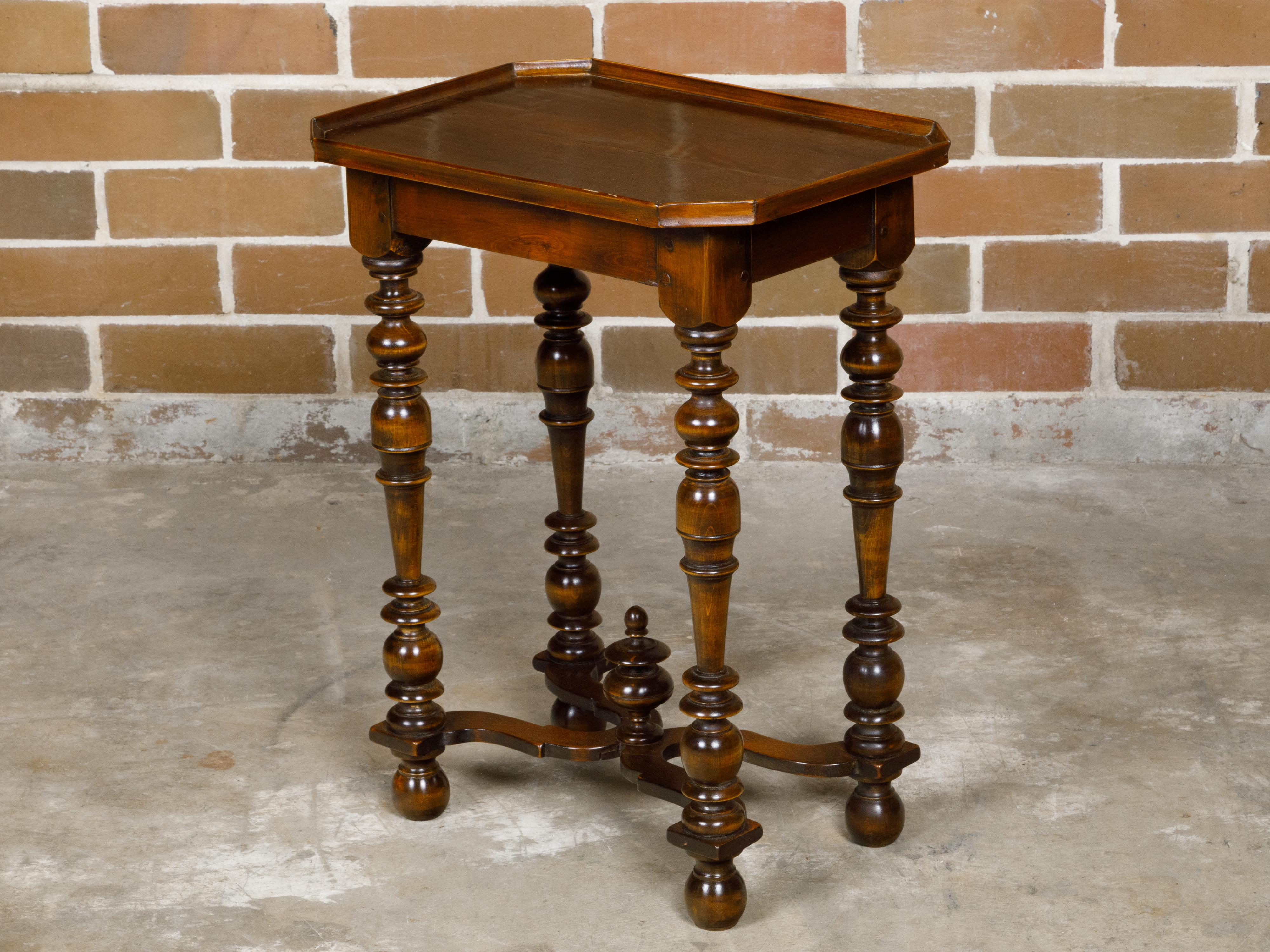 Small French Louis XIII Style Walnut Tray Top Spool Table with Cross Stretcher For Sale 3