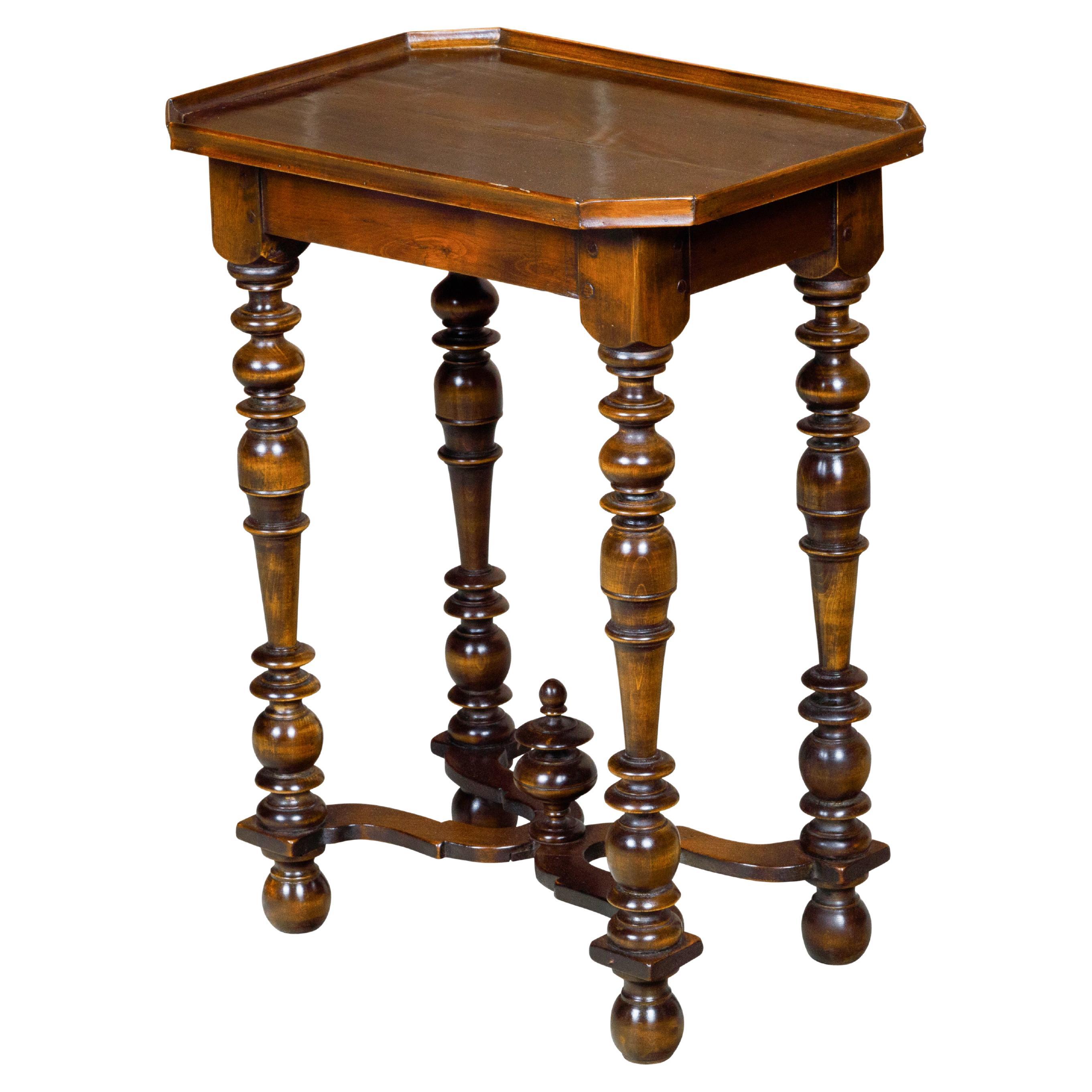 Small French Louis XIII Style Walnut Tray Top Spool Table with Cross Stretcher