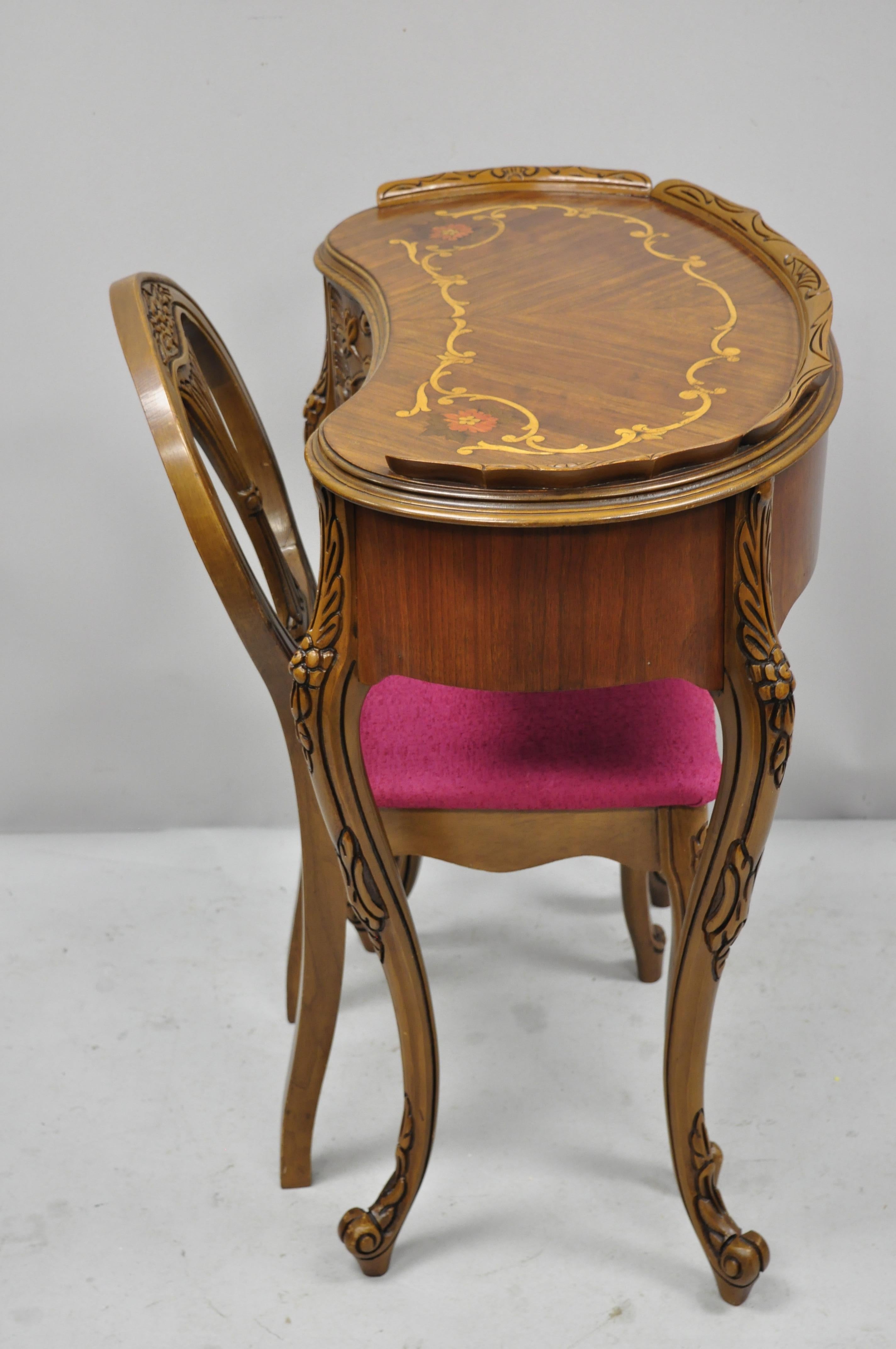 French Louis XV Inlaid Kidney Bean Petite Desk Vanity Gossip Table with Chair 1