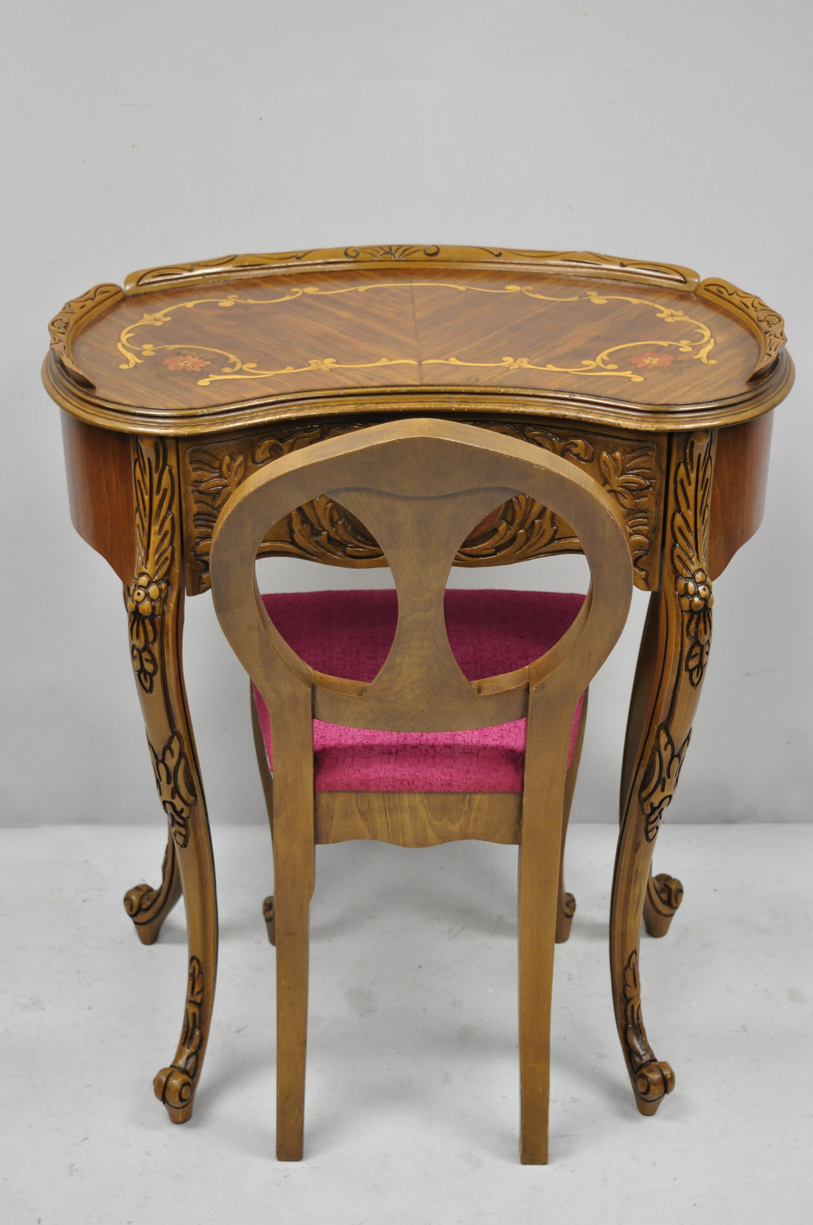 French Louis XV Inlaid Kidney Bean Petite Desk Vanity Gossip Table with Chair 3