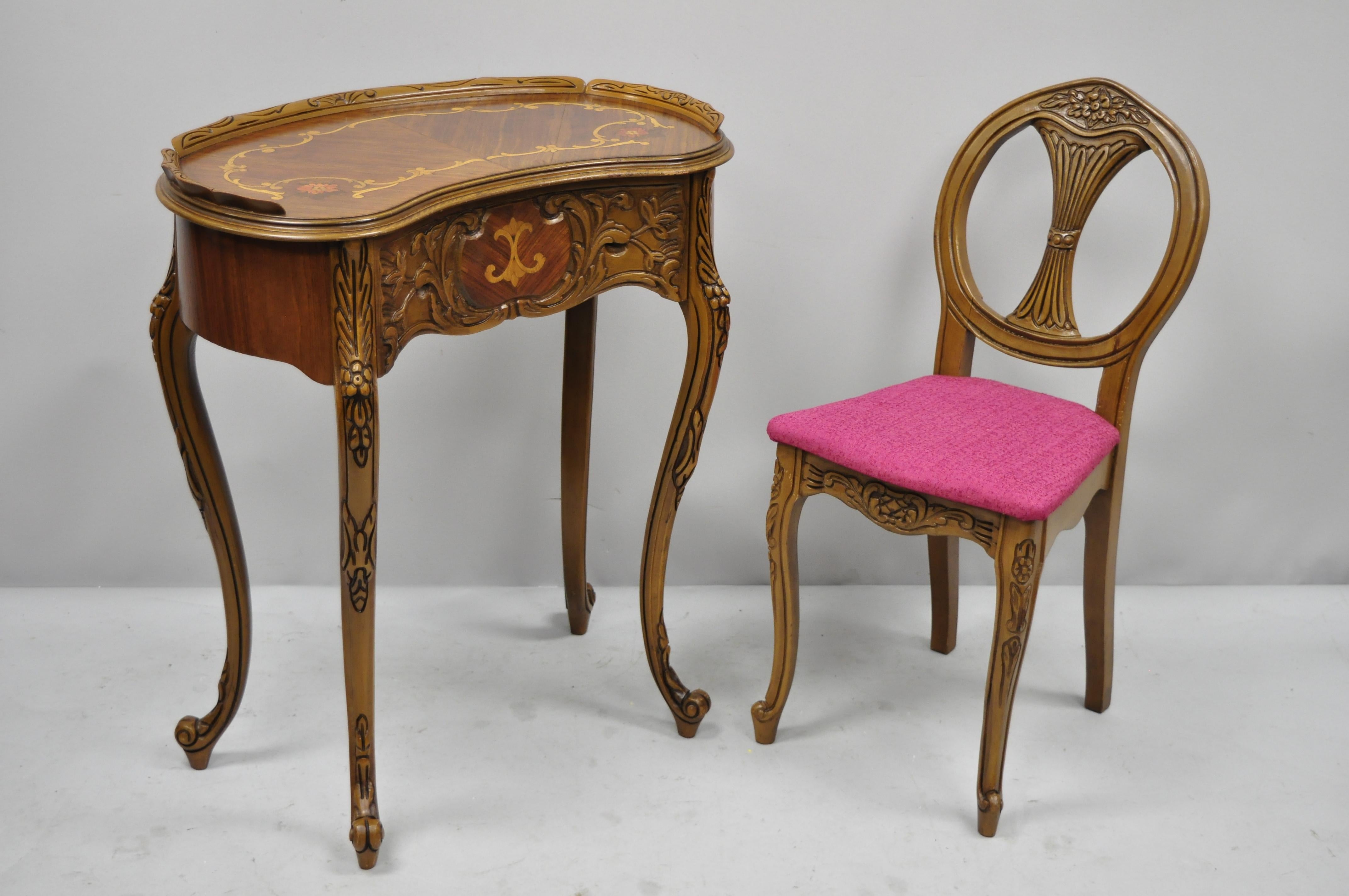 Small French Louis XV inlaid kidney bean petite desk vanity gossip table with chair. Item features petite kidney bean table, matching chair, finished back, 1 drawer, cabriole legs, nice inlay, great style and form, circa mid-20th century.