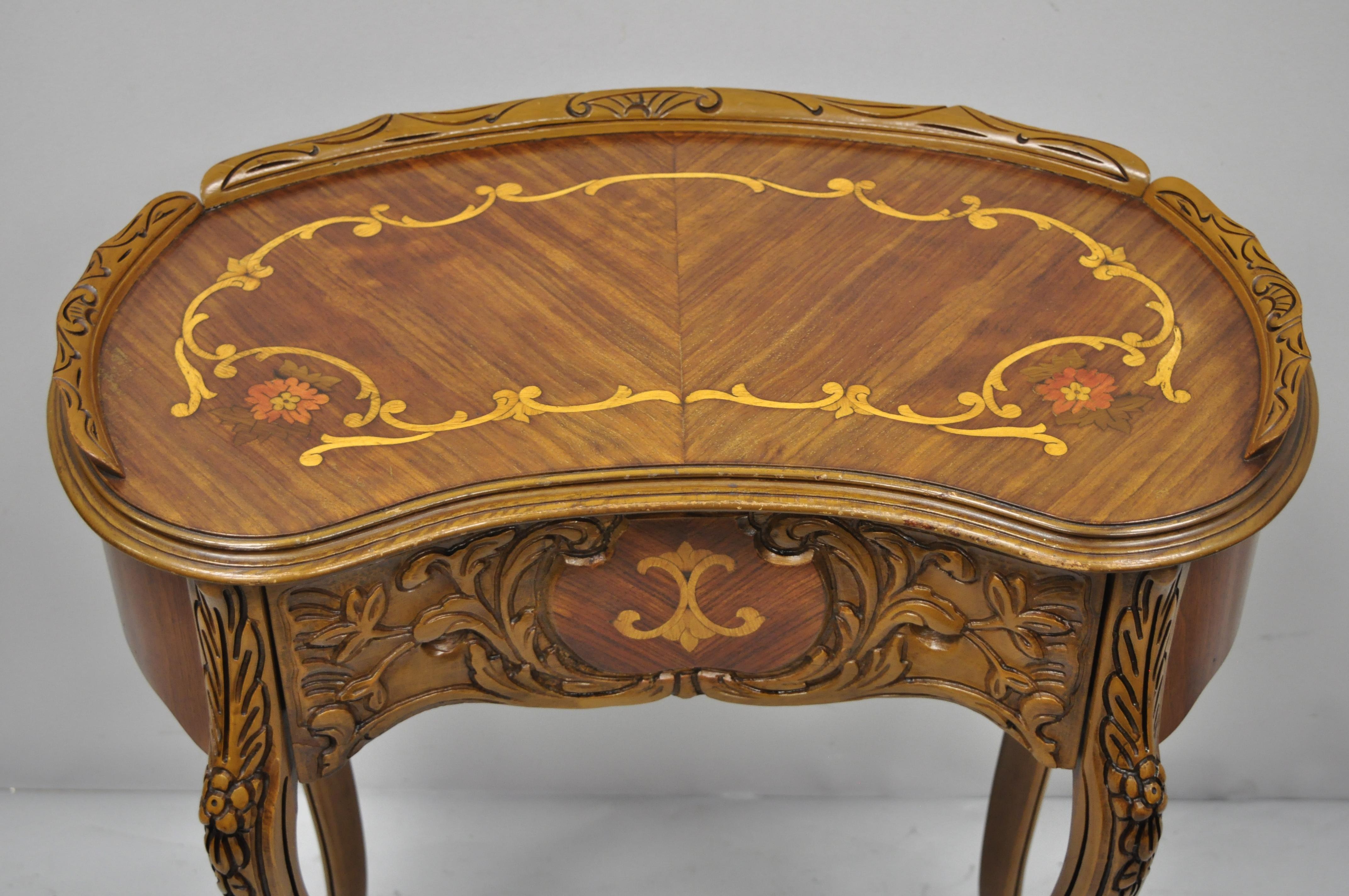 American French Louis XV Inlaid Kidney Bean Petite Desk Vanity Gossip Table with Chair
