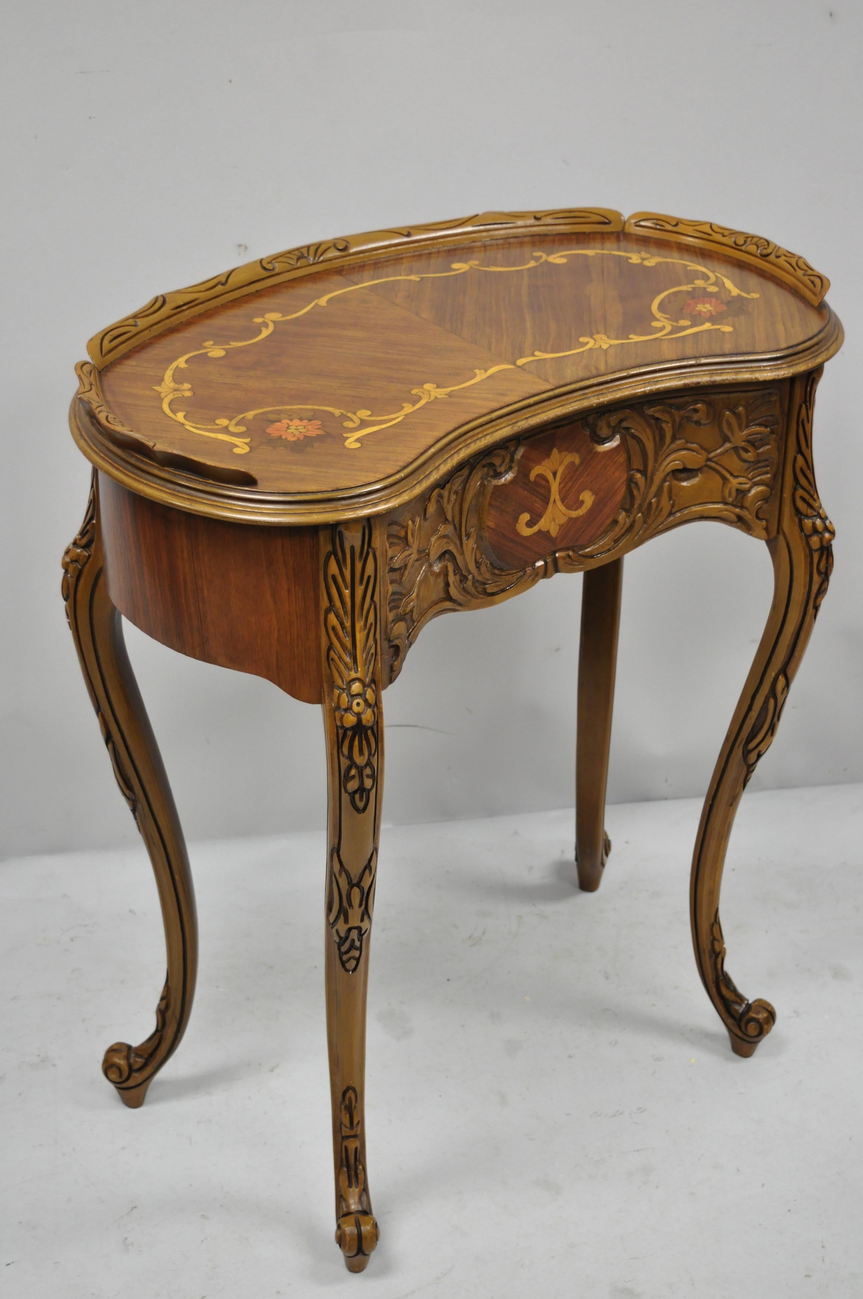 Walnut French Louis XV Inlaid Kidney Bean Petite Desk Vanity Gossip Table with Chair