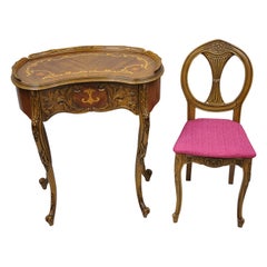 Small Louis XV Inlaid Kidney Bean Petite Desk Vanity Gossip Table with Chair