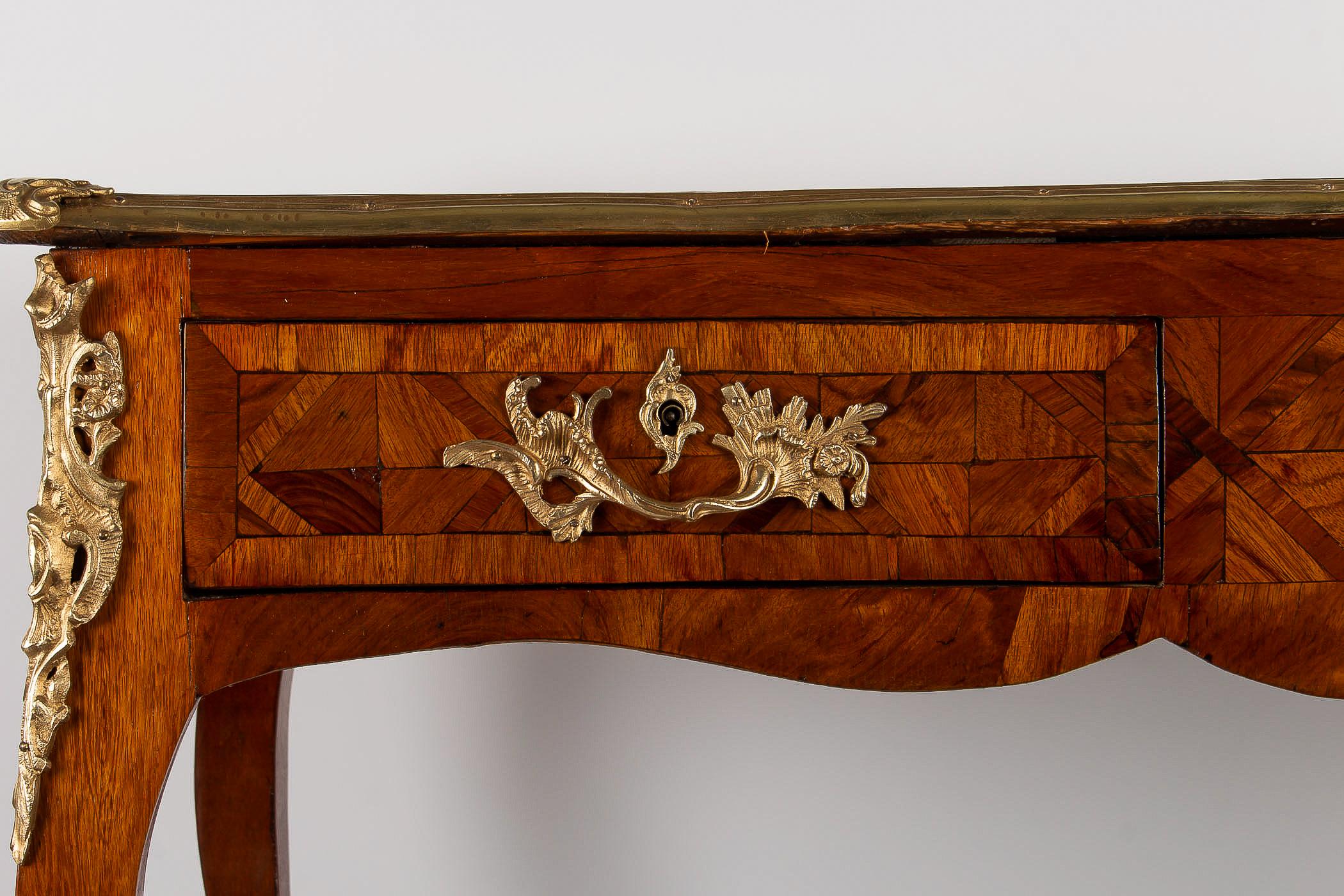 19th Century Small French Louis XV Style Marquetry Bureau Plat, circa 1820-1840