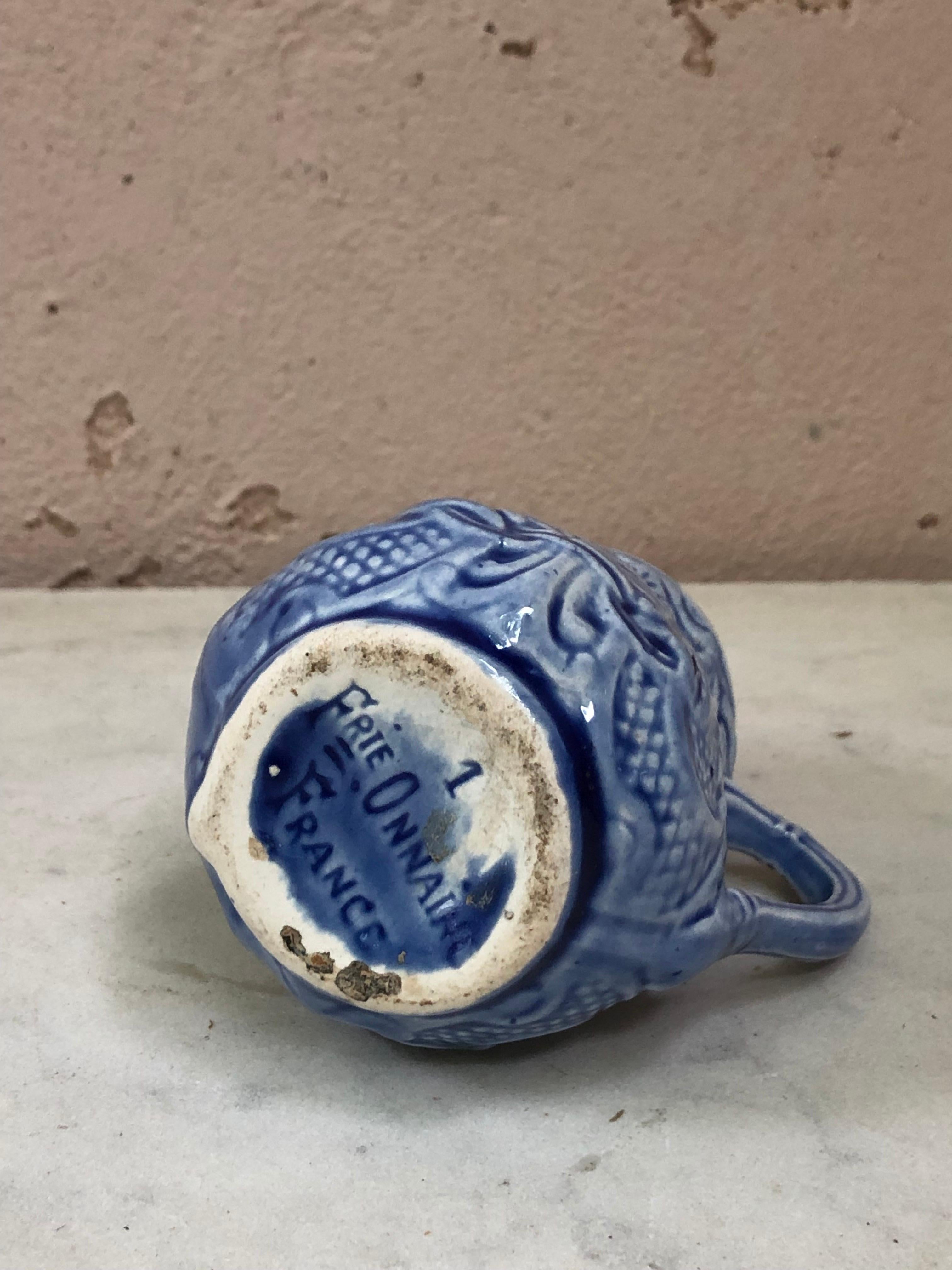 Small French Majolica Blue Creamer Pitcher Onnaing, Circa 1920 In Good Condition In Austin, TX
