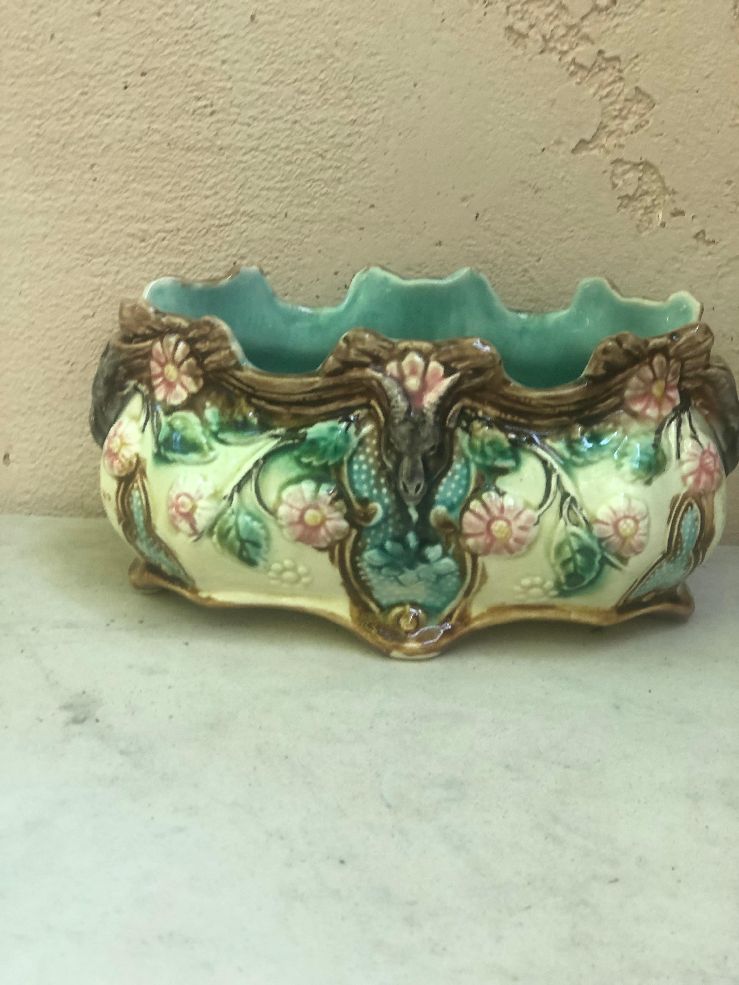 Small French Majolica Jardiniere Onnaing, Circa 1890 In Good Condition In Austin, TX