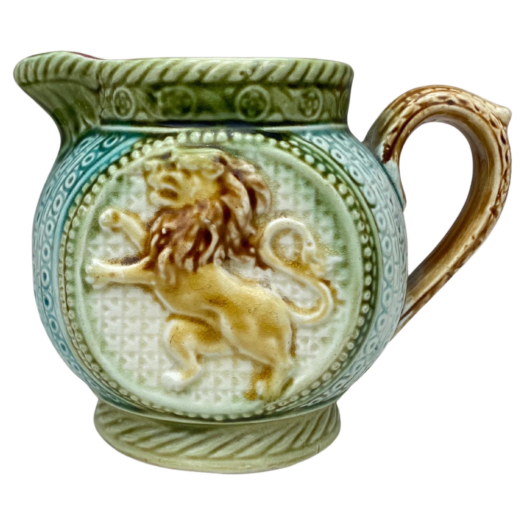 Small French Majolica Lion Pitcher Onnaing, circa 1900