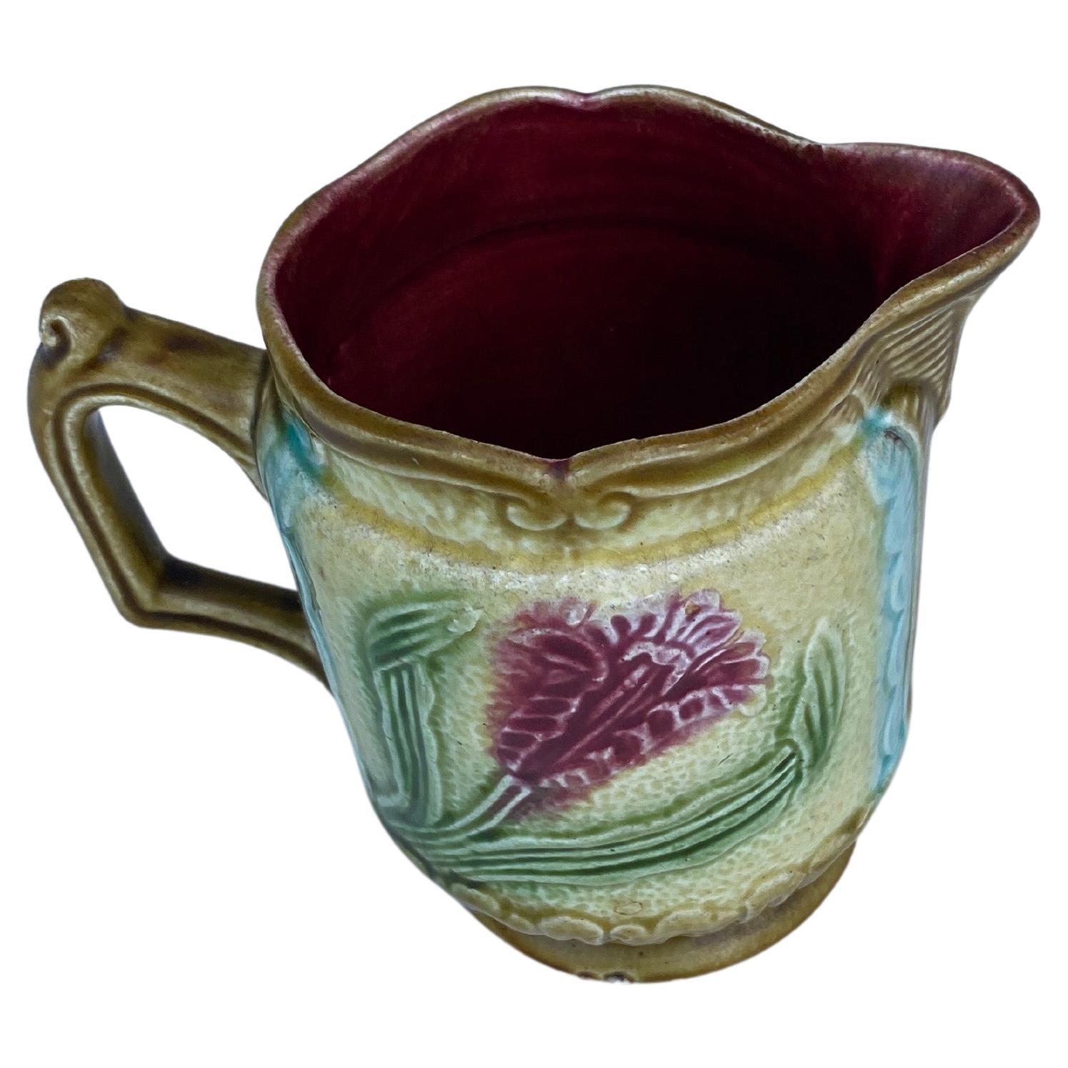 Rustic Small French Majolica Pink Flower Pitcher Creamer circa 1900 For Sale