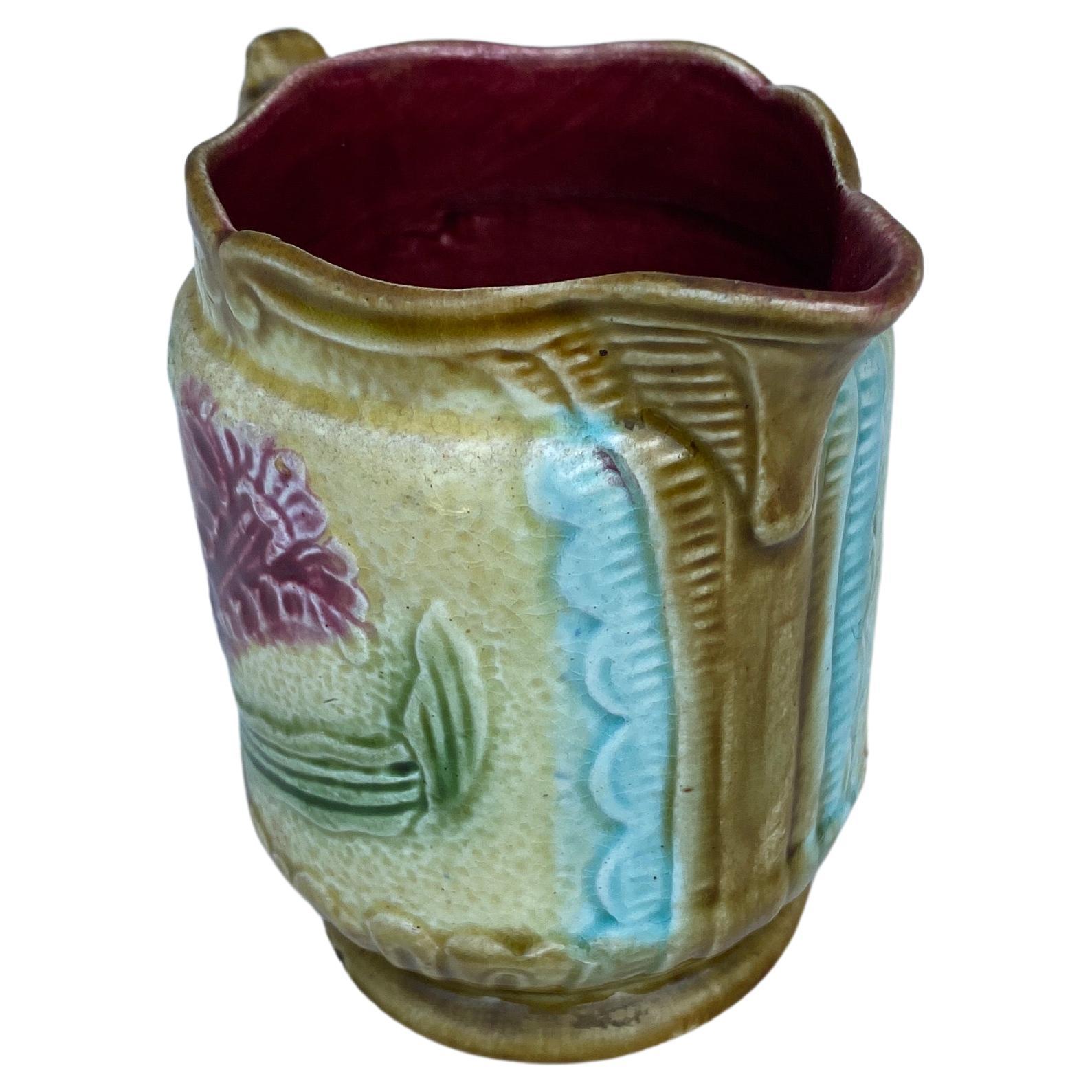 Small French Majolica Pink Flower Pitcher Creamer circa 1900 In Good Condition For Sale In Austin, TX