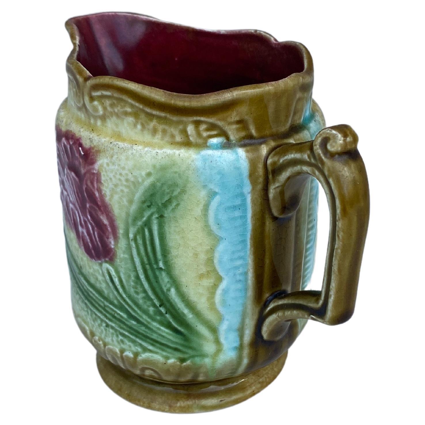 Ceramic Small French Majolica Pink Flower Pitcher Creamer circa 1900 For Sale
