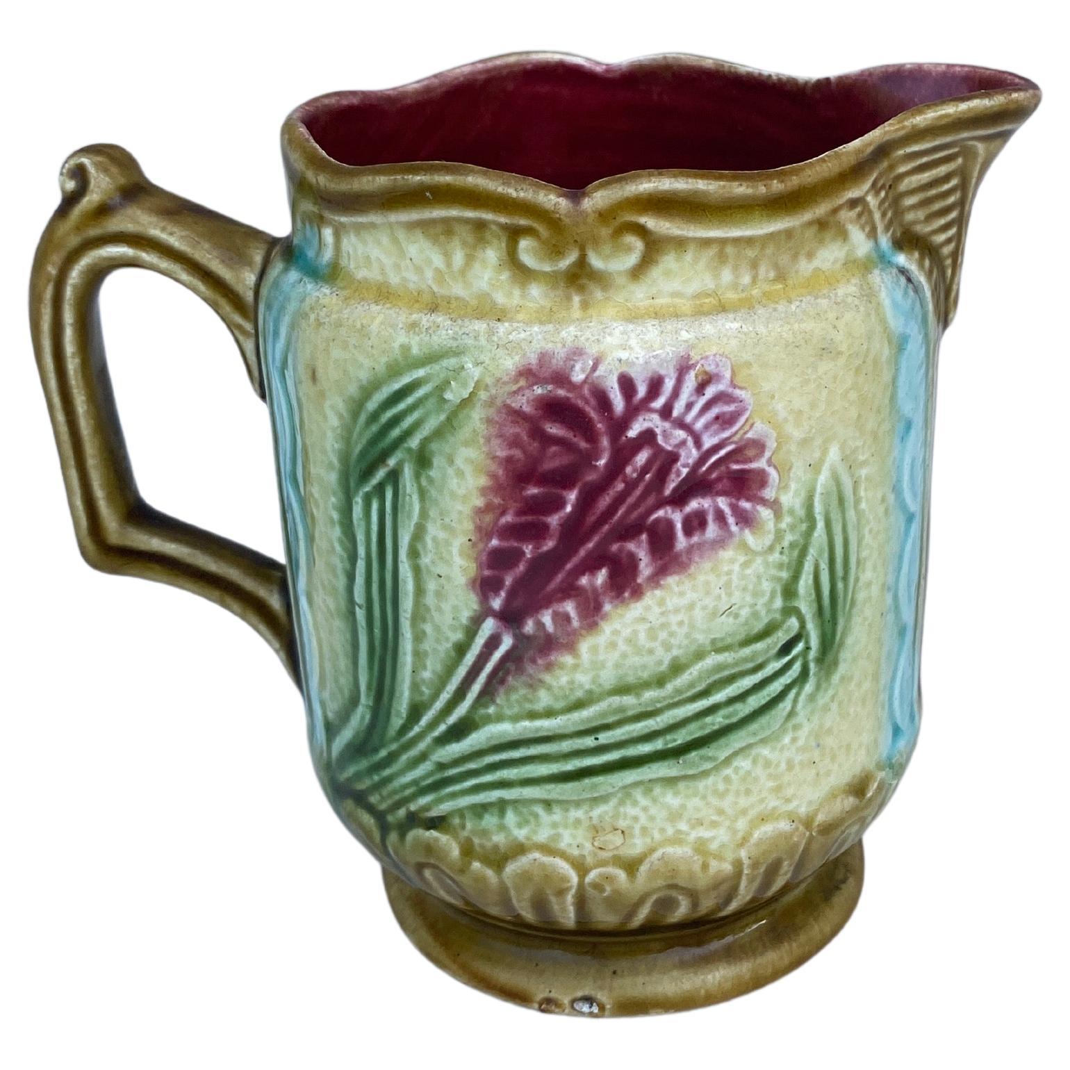 Small French Majolica Pink Flower Pitcher Creamer circa 1900 For Sale