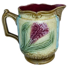 Antique Small French Majolica Pink Flower Pitcher Creamer circa 1900