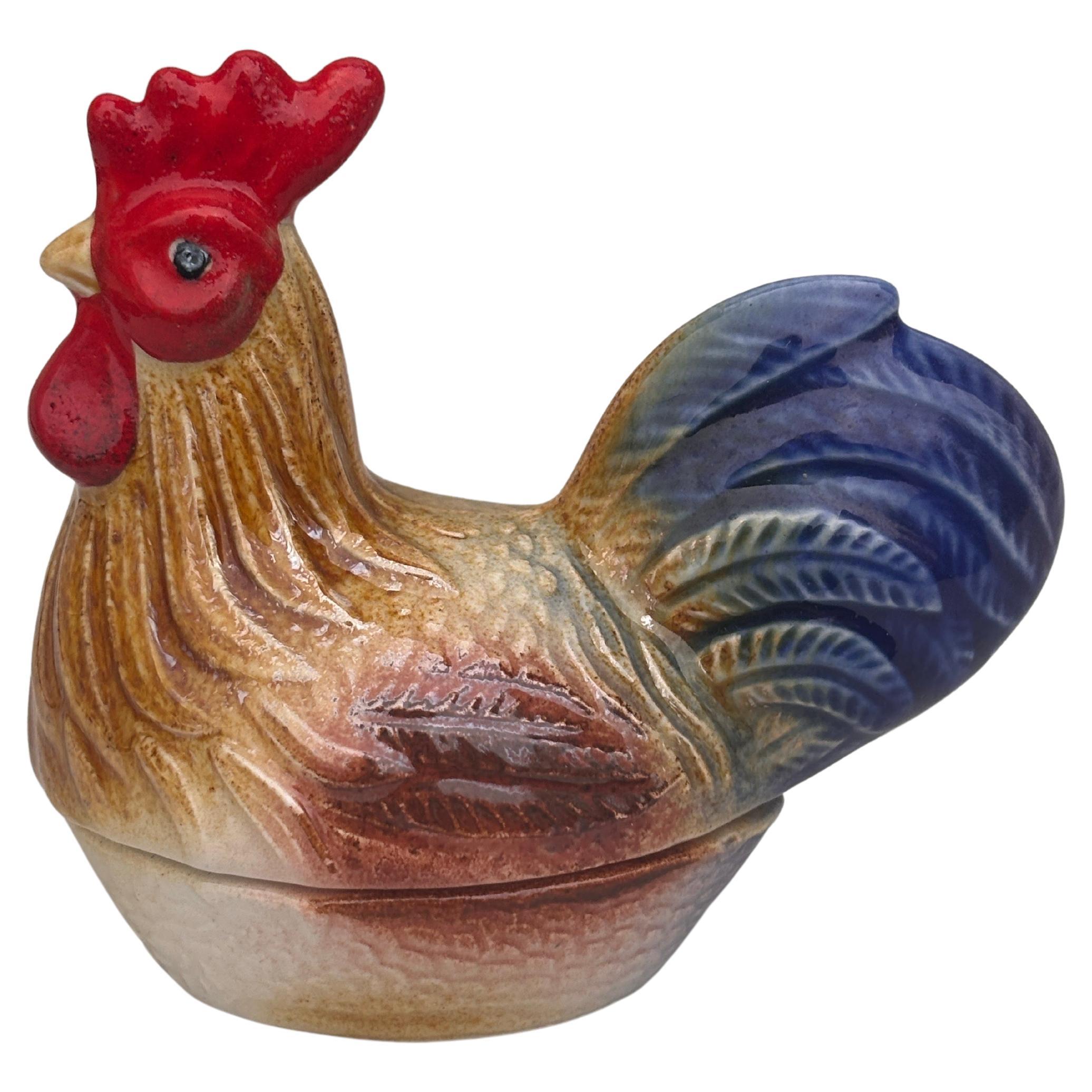 Small French Majolica Rooster Tureen Caugant For Sale