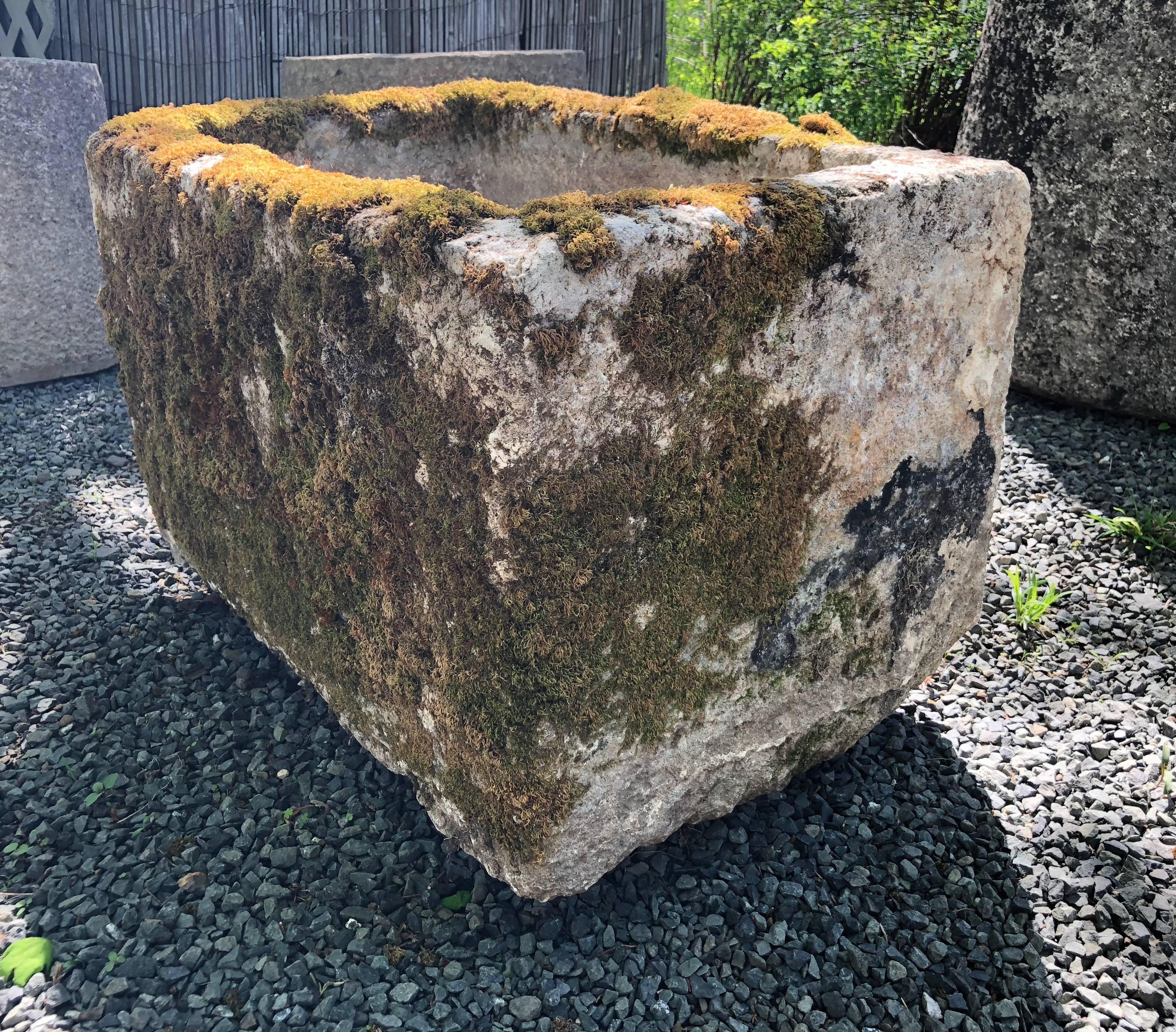 Rustic Small French Mossy Hand-Carved Limestone Trough