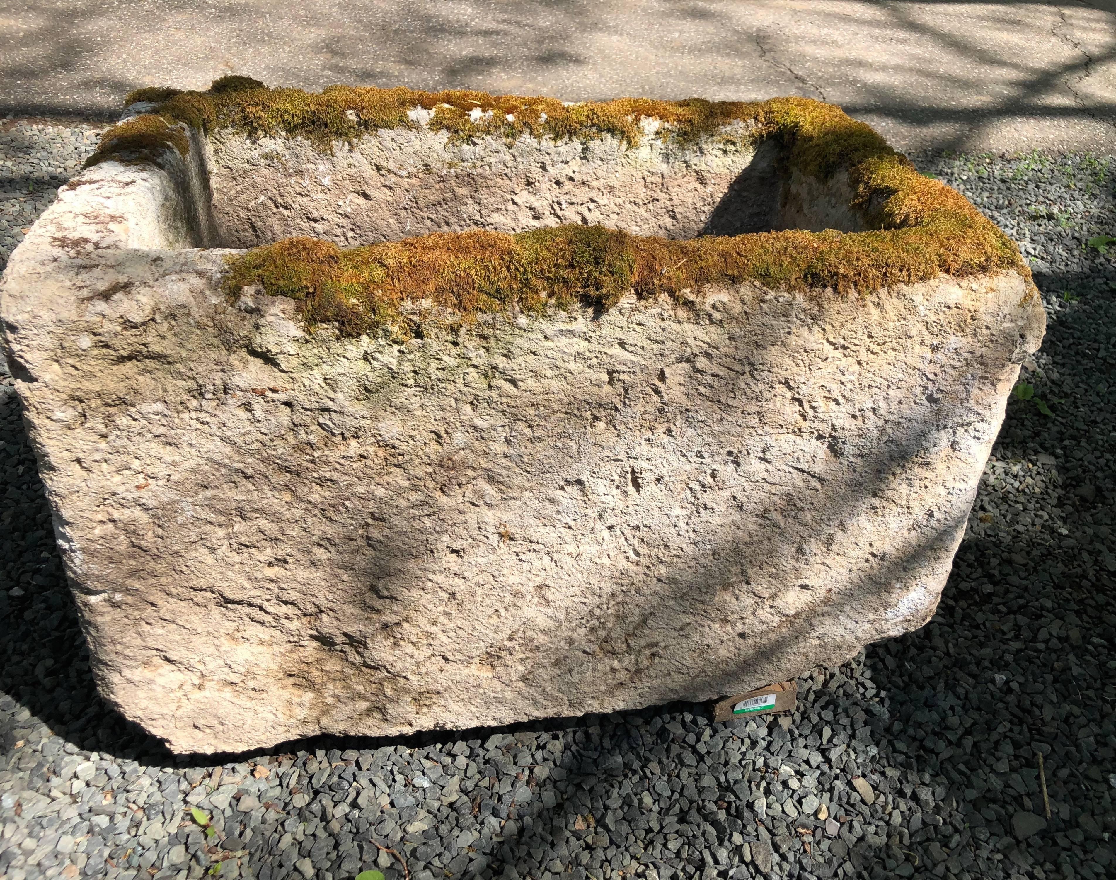 18th Century Small French Mossy Hand-Carved Limestone Trough