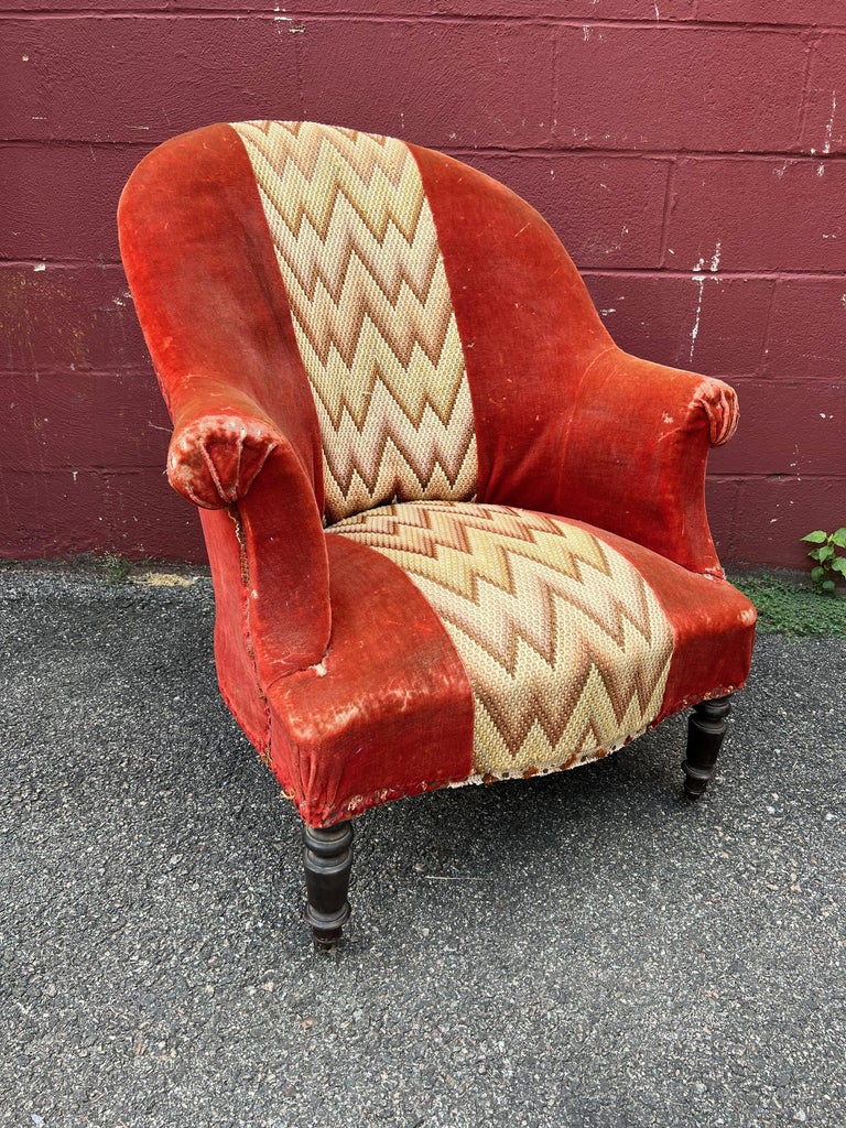 Small French Napoleon III Arm Chair in Vintage Velvet at 1stDibs