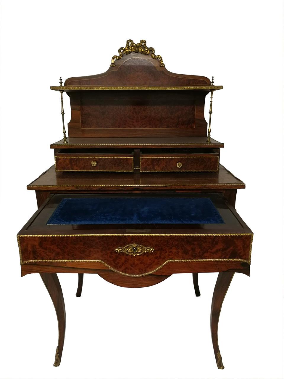 Bonheur du jour: Small French Napoleon III lady's secretary cabinet of 19th century. It is made in walnut and mahogany with burr maple inlays and guilt bronze decoration. 2 small drawers at the writing mat level and a large one beneath it. The