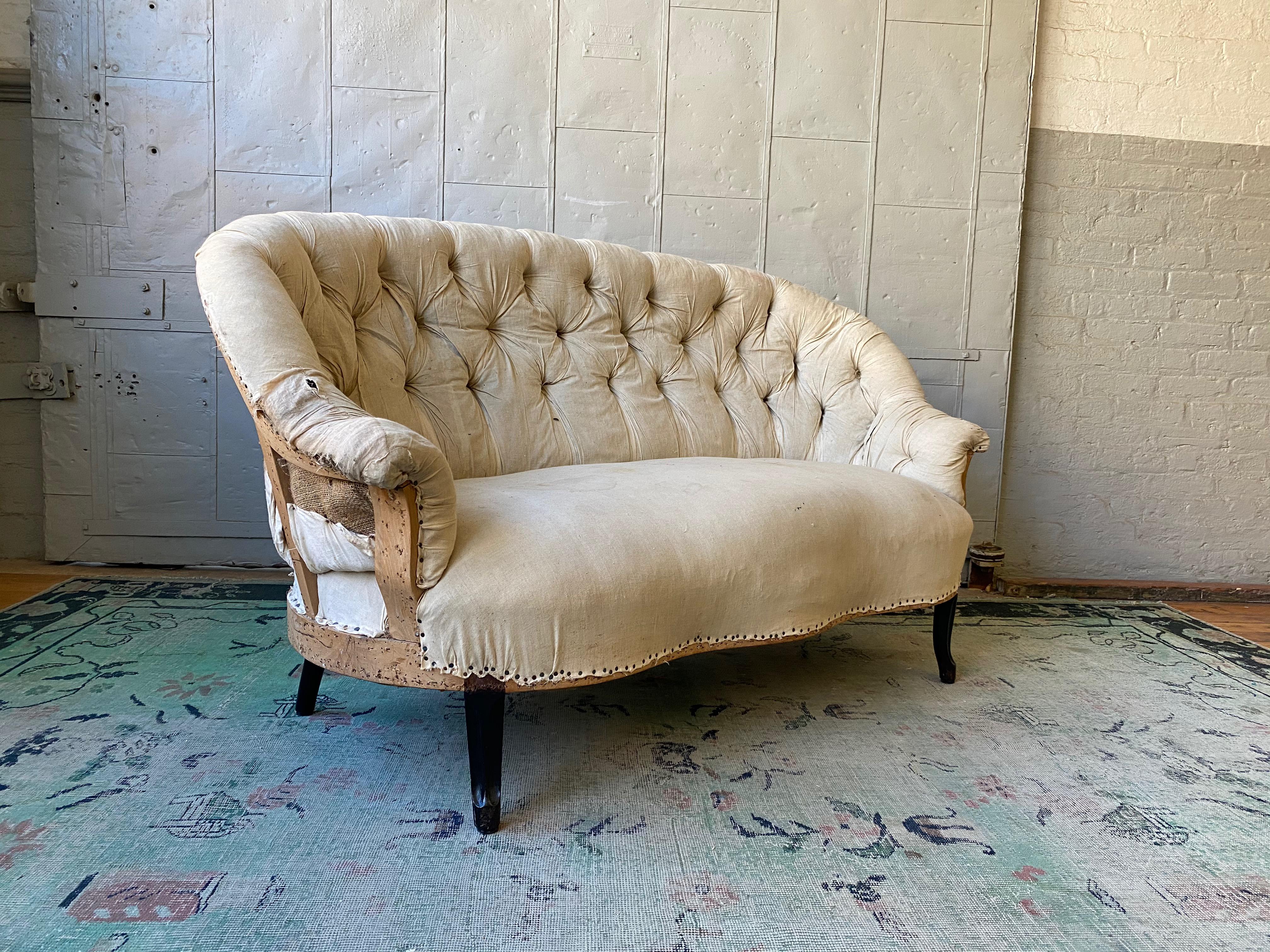 Fabric Small French Settee with Tufted Back and Cabriole Legs