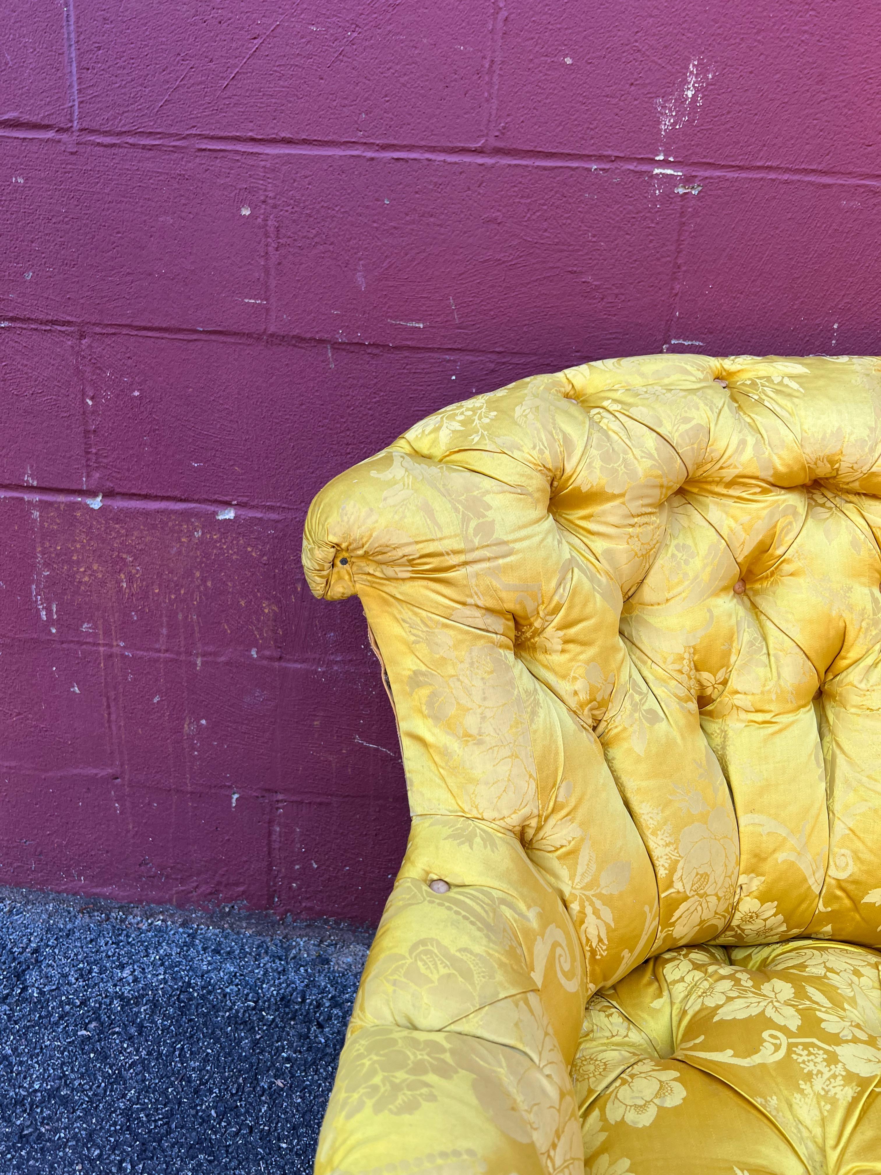 Small French Napoleon III Tufted Sofa in Yellow Silk Fabric 4