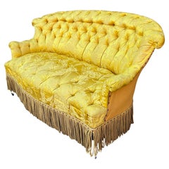 Antique Small French Napoleon III Tufted Sofa in Yellow Silk Fabric