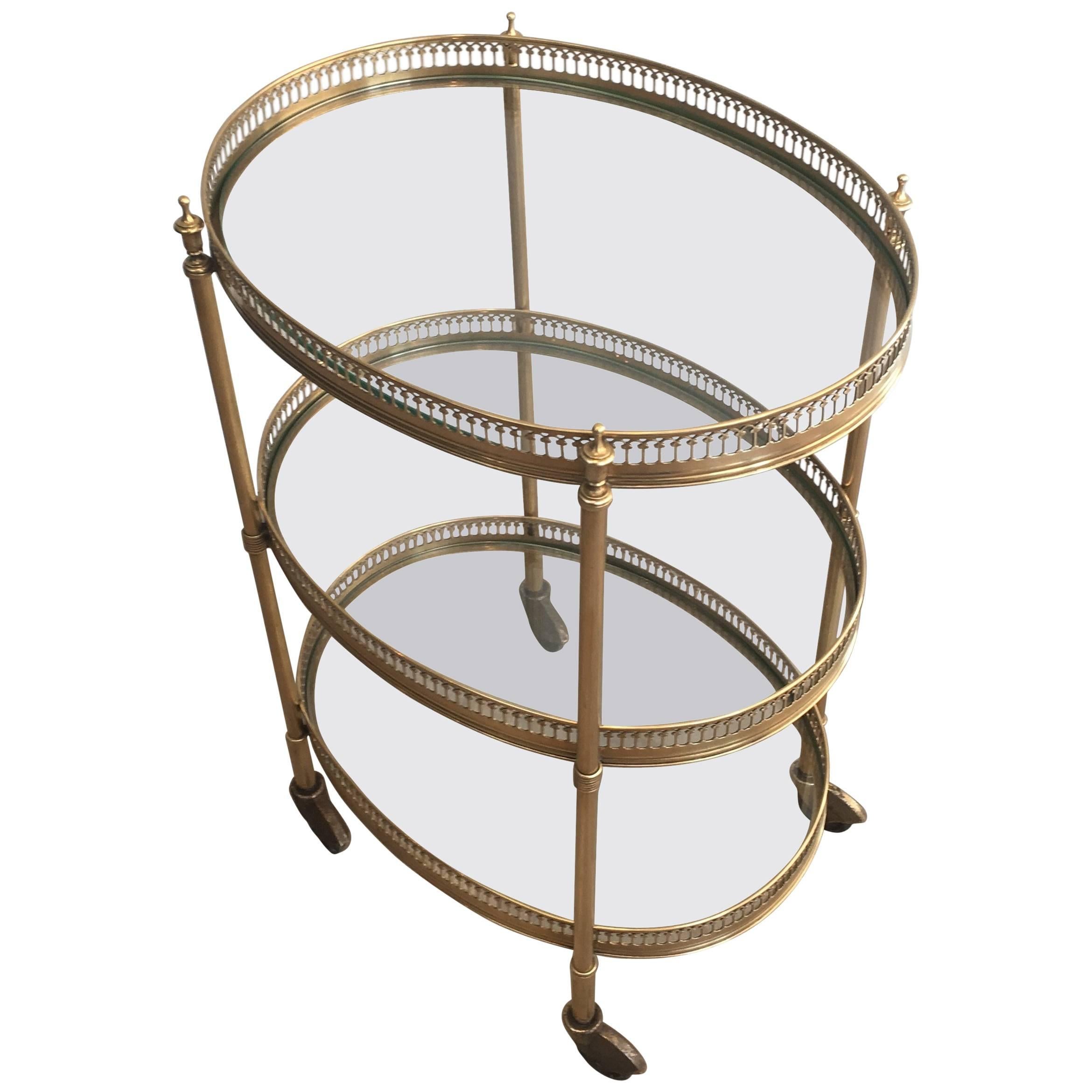 Small French Neoclassical Oval Brass Bar Cart by Maison Jansen