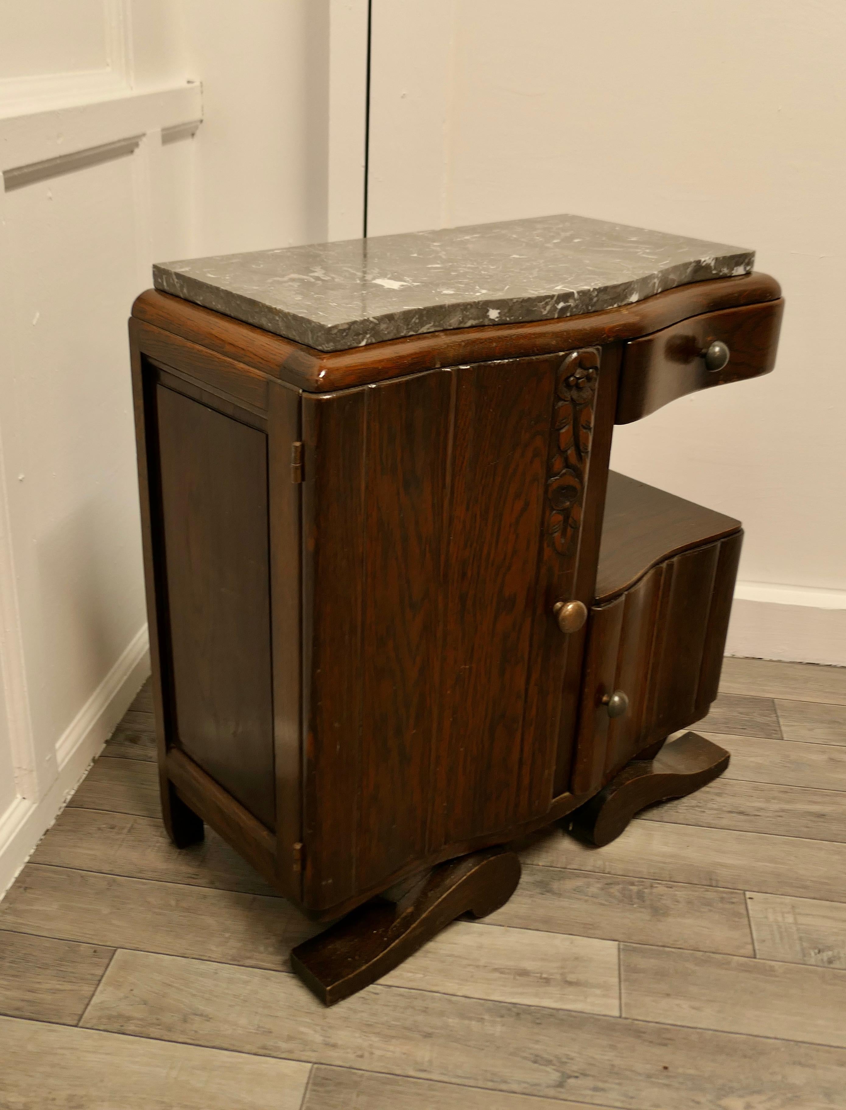 20th Century Small French Odeon Style Art Deco Marble Top Oak Cabinet  For Sale