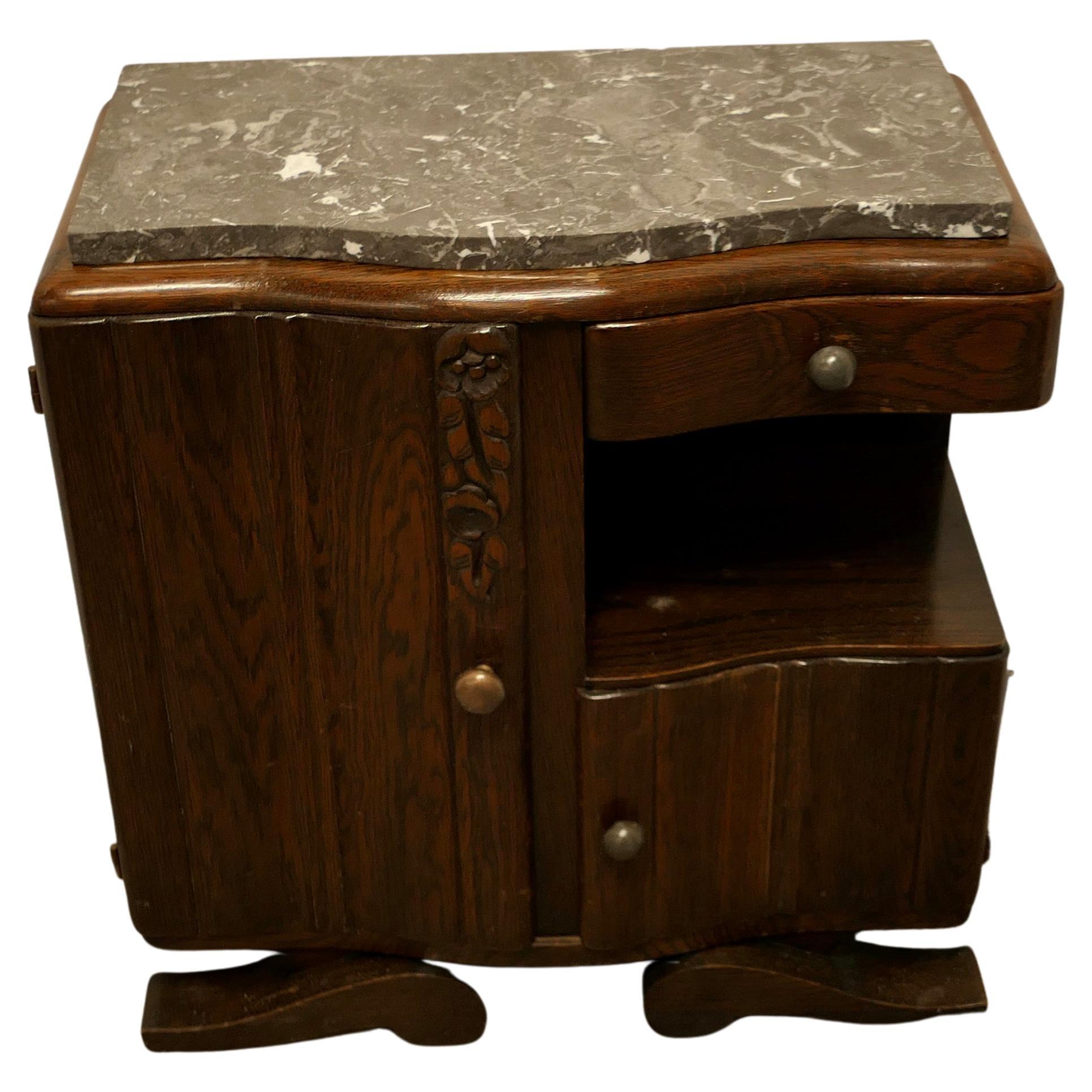 Small French Odeon Style Art Deco Marble Top Oak Cabinet 