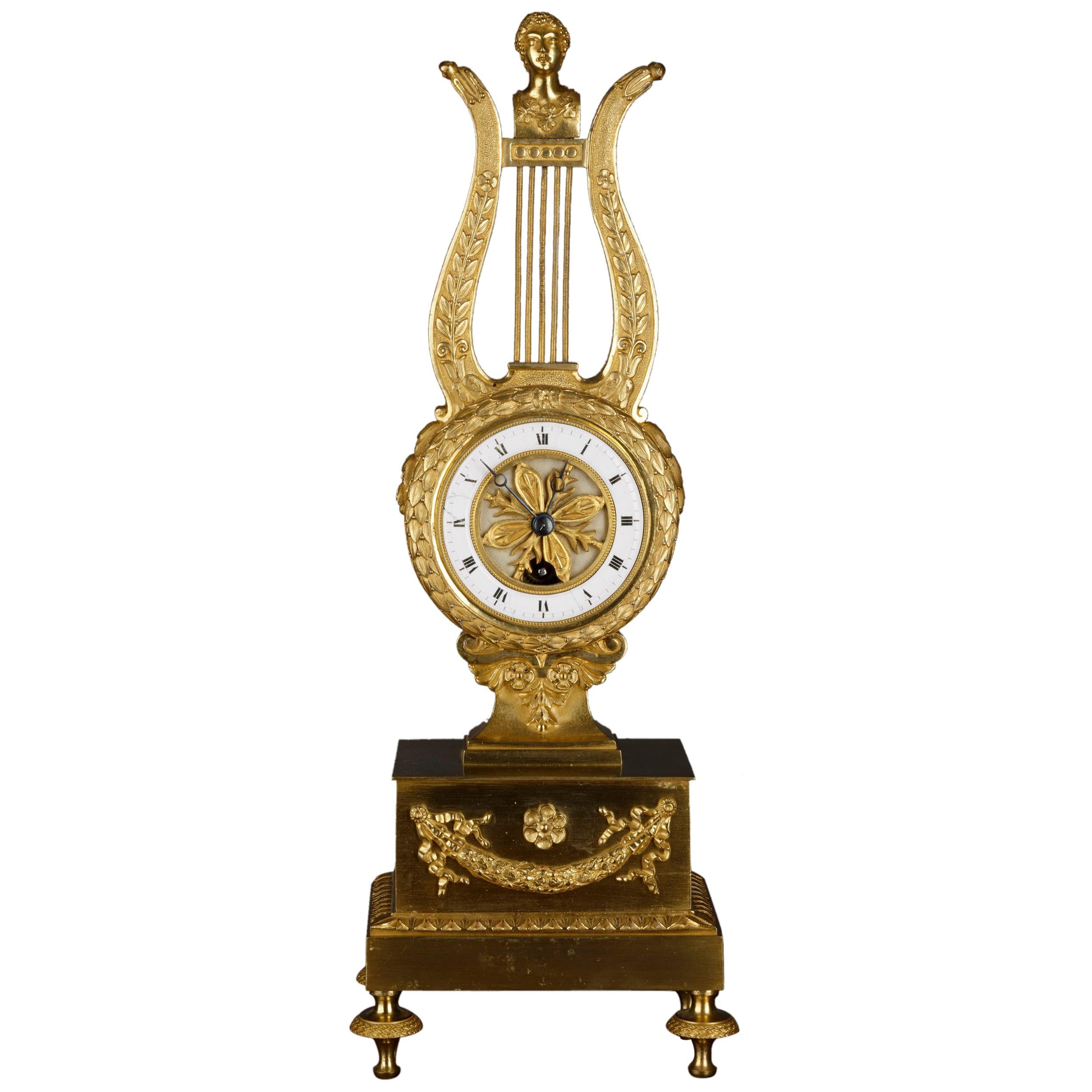Small French Ormolu Lyre Mantel Clock