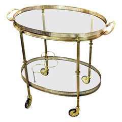 Antique Small French Oval Gilt Brass Bar Cart, circa 1950