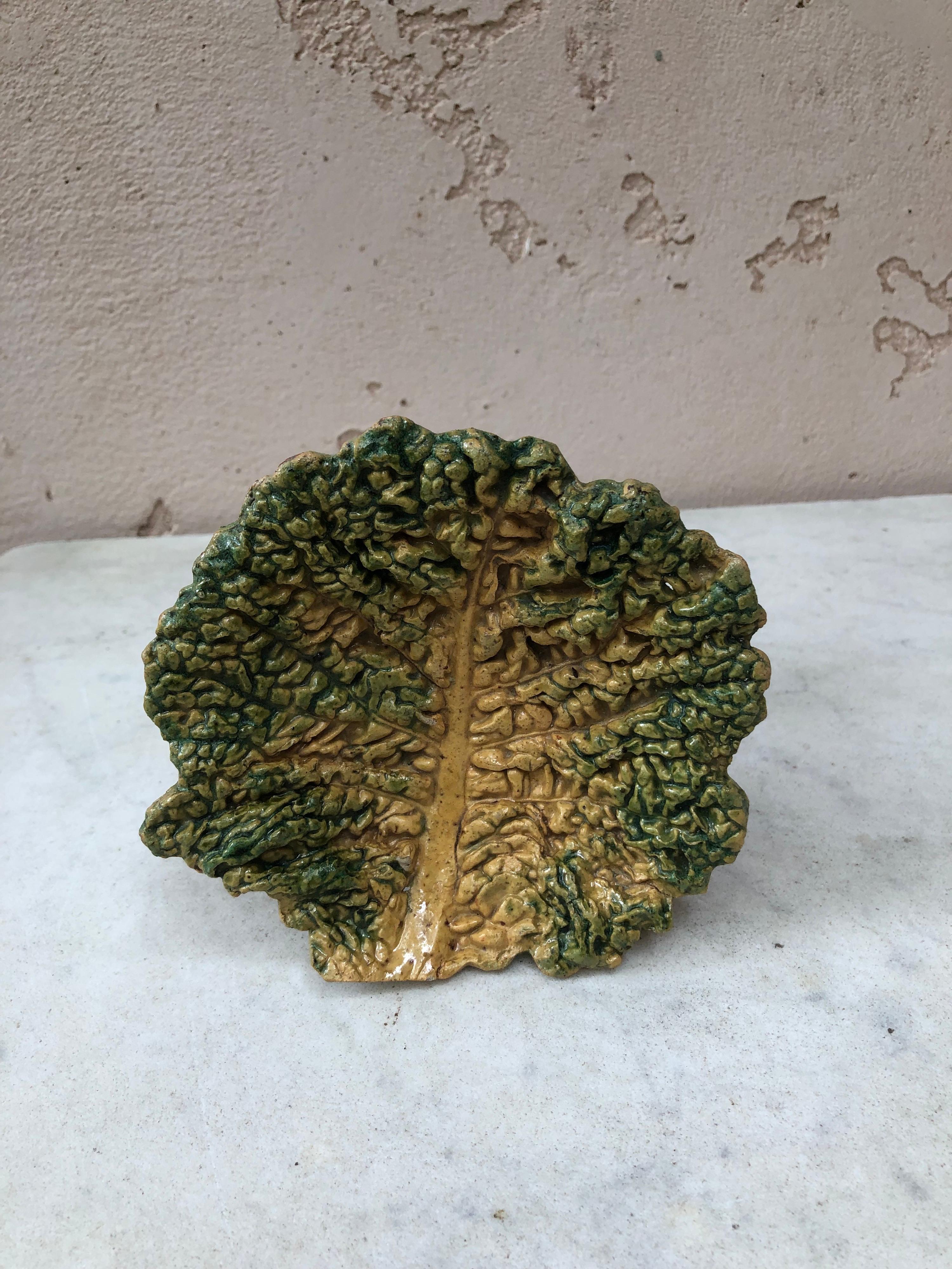 Small French Palissy Majolica Comport with Cabbage Leaf Emile Gambut, Circa 1879 In Good Condition For Sale In Austin, TX