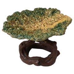 Piccolo portacartellini francese in maiolica di Palissy con foglie di cavolo di Emile Gambut, circa 1879