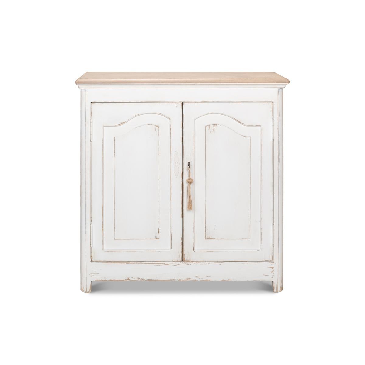 Made of solid pine with a natural finish molded edge rectangular top, a distressed antique white cabinet with panel doors and sides. The two doors open to reveal a sky-blue painted interior. 

Dimensions: 35