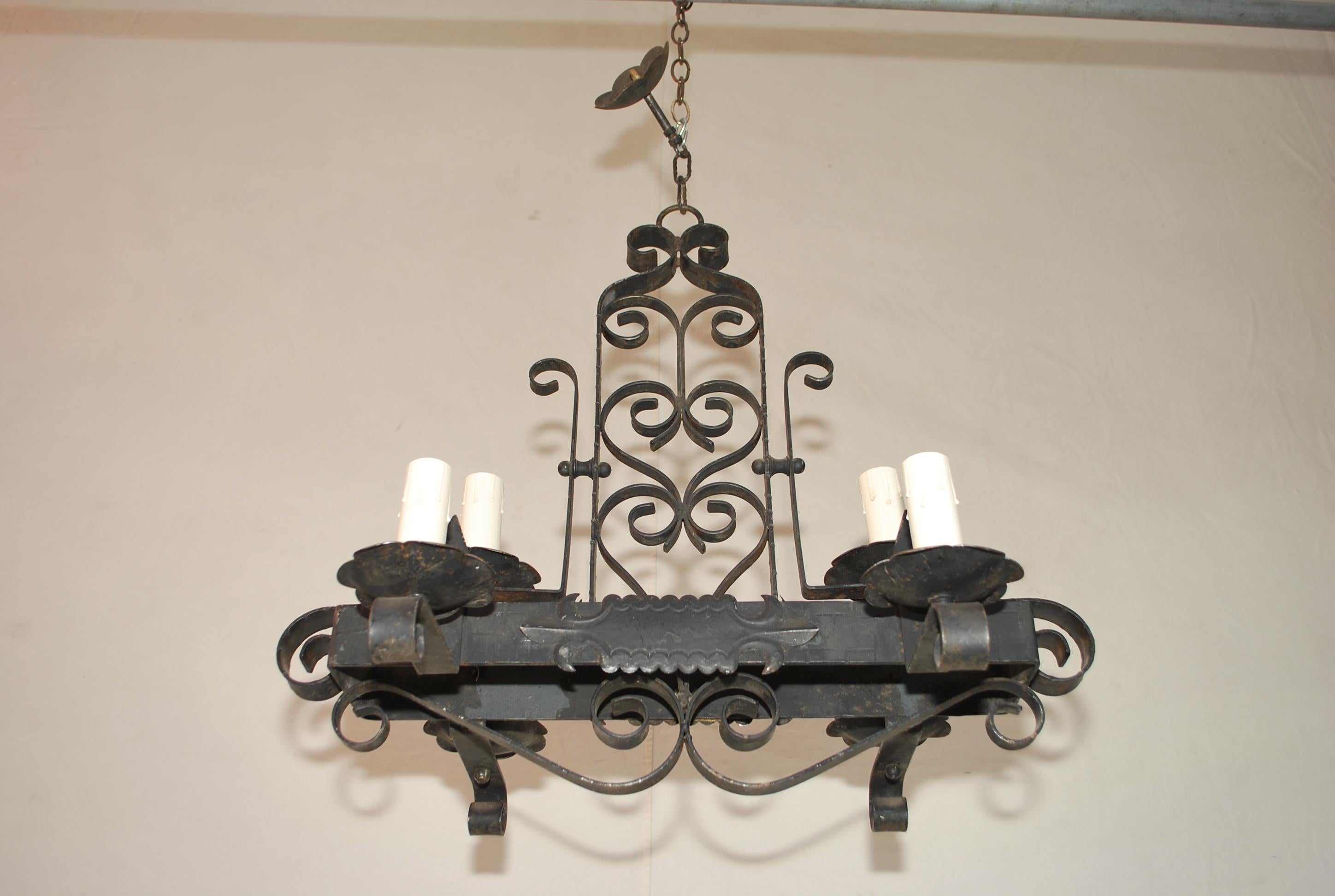 Wrought Iron Small French Rectangular Iron Chandelier For Sale
