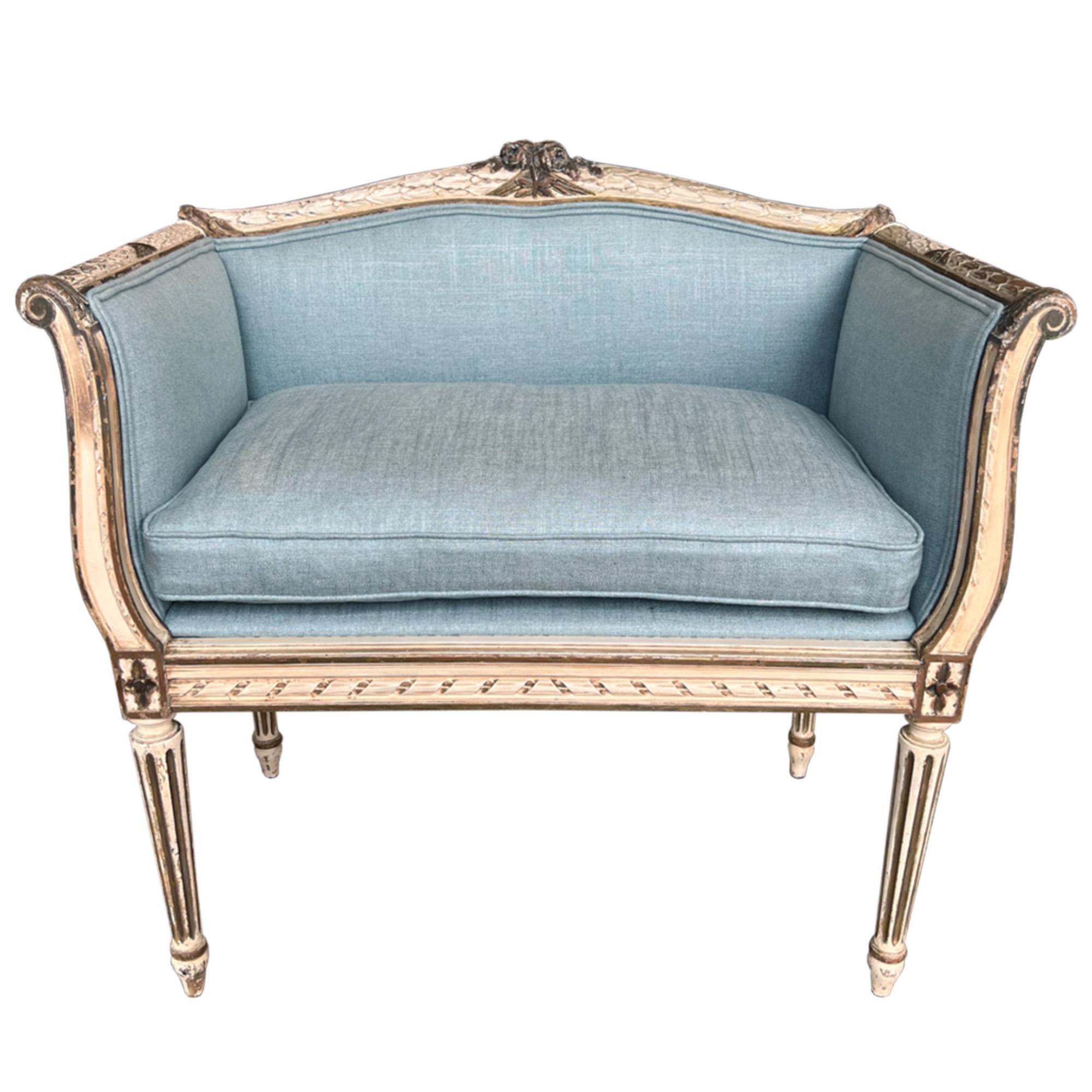 This is a gorgeous little windowseat - made in France in the early 20th century. 

We've had it reupholstered in a lovely baby blue linen which has been beautifully piped and finished by our expert restorer. 

Please take a look at all our pictures